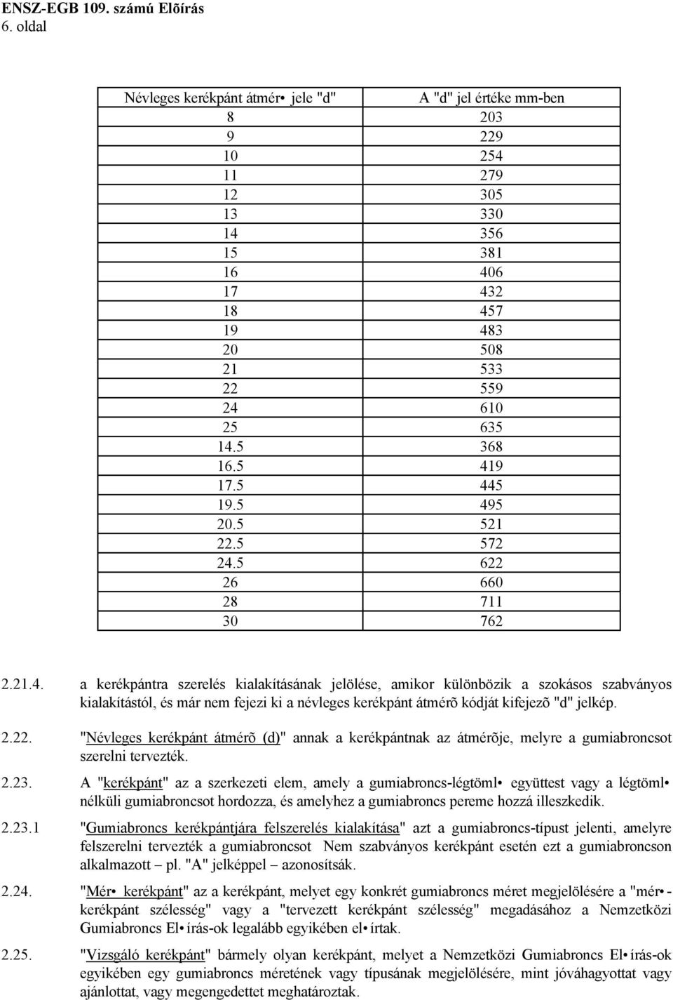 5 419 17.5 445 19.5 495 20.5 521 22.5 572 24.5 622 26 660 28 711 30 762 2.21.4. a kerékpántra szerelés kialakításának jelölése, amikor különbözik a szokásos szabványos kialakítástól, és már nem fejezi ki a névleges kerékpánt átmérõ kódját kifejezõ "d" jelkép.