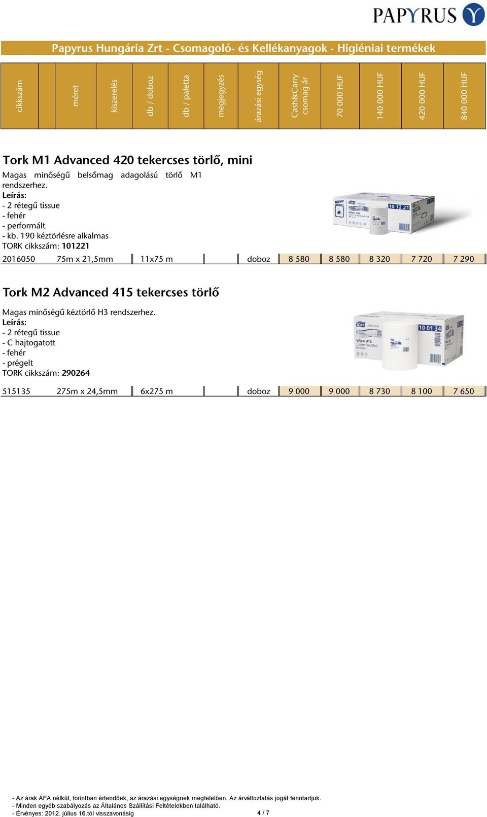 190 kéztörlésre alkalmas TORK : 101221 2016050 75m x 21,5mm 11x75 m doboz 8 580 8 580 8 320 7 720 7 290 Tork M2