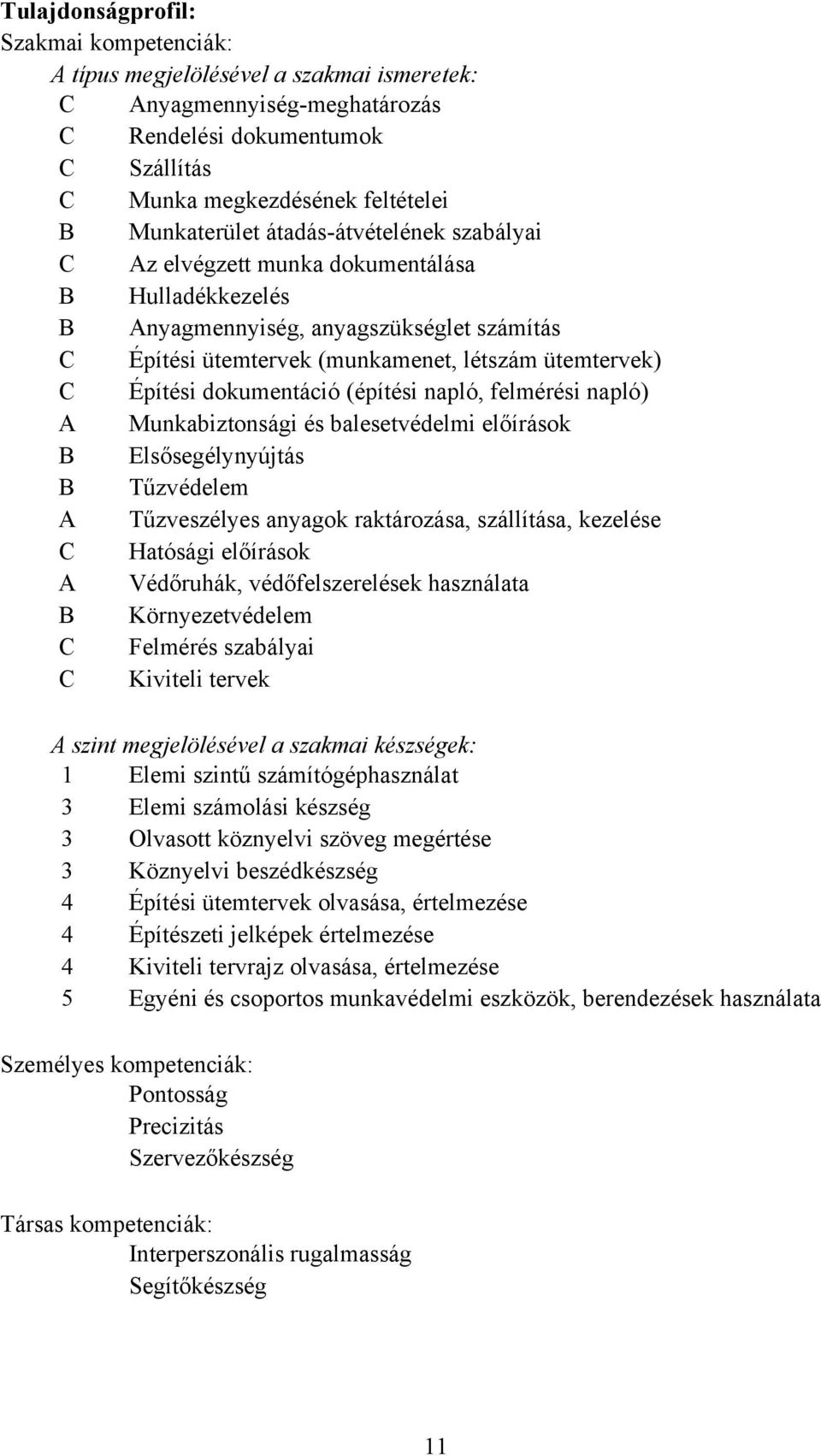 dokumentáció (építési napló, felmérési napló) A Munkabiztonsági és balesetvédelmi előírások B Elsősegélynyújtás B Tűzvédelem A Tűzveszélyes anyagok raktározása, szállítása, kezelése C Hatósági