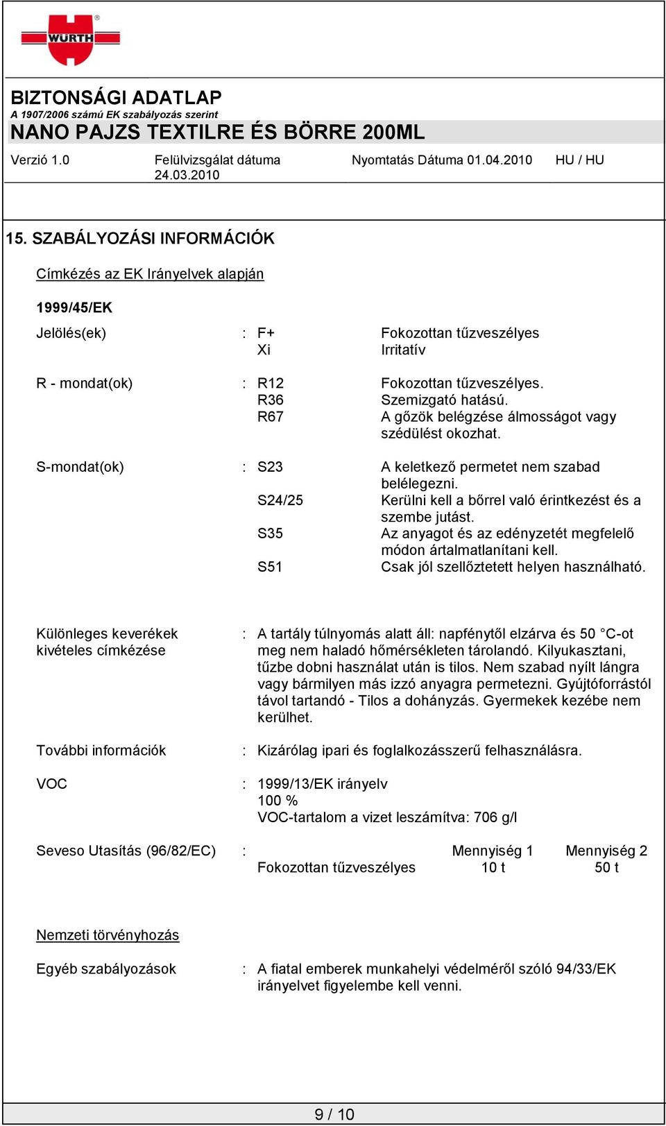 S35 Az anyagot és az edényzetét megfelelő módon ártalmatlanítani kell. S51 Csak jól szellőztetett helyen használható.