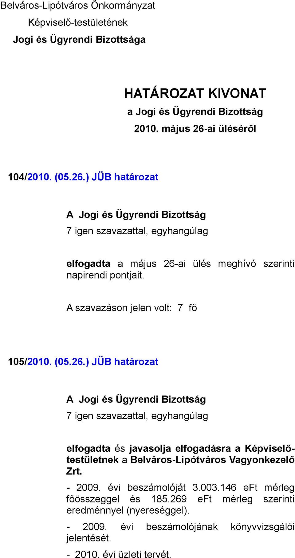 105/2010. (05.26.) JÜB határozat a Belváros-Lipótváros Vagyonkezelő Zrt. - 2009. évi beszámolóját 3.003.