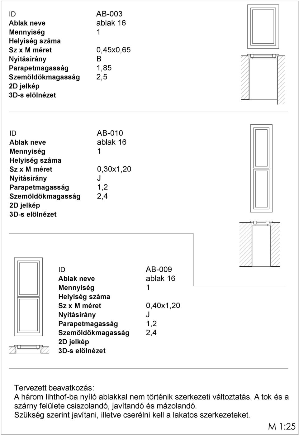 Szemöldökmagasság 2,4 Tervezett beavatkozás: A három lihthof-ba nyíló ablakkal nem történik szerkezeti változtatás.