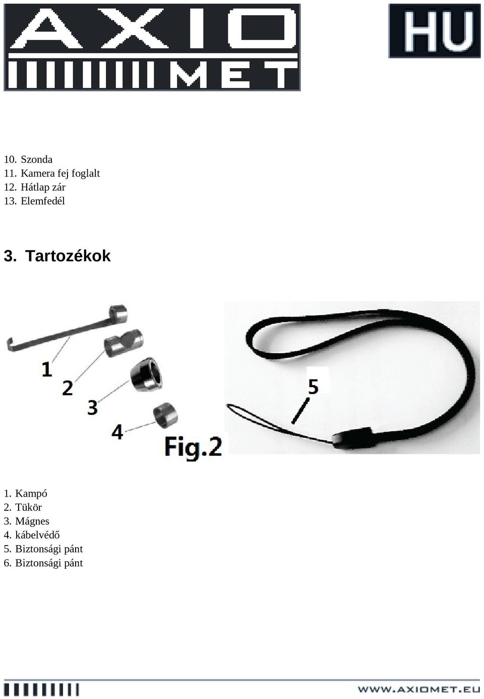 Tartozékok 1. Kampó 2. Tükör 3.