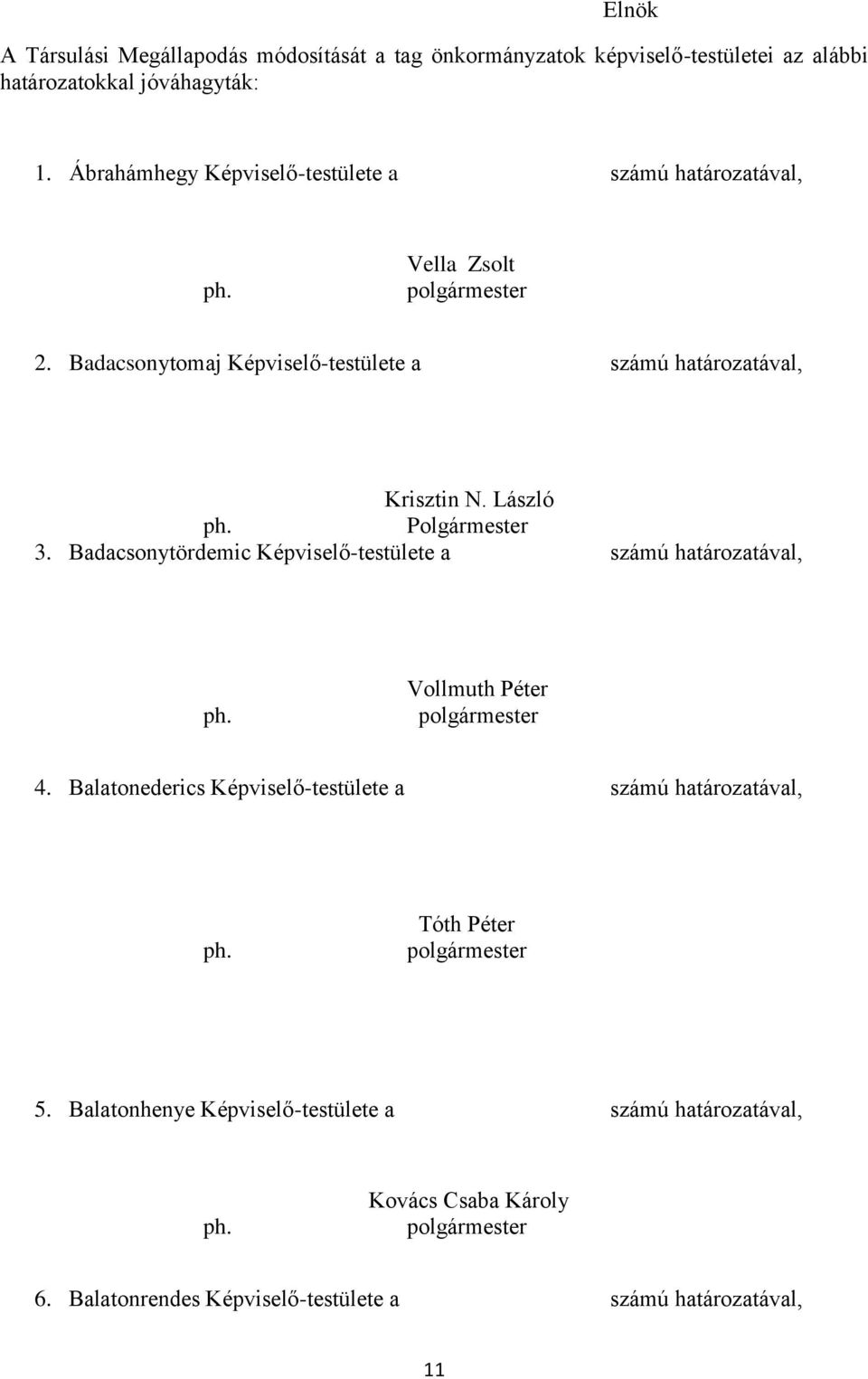 László Polgármester 3. Badacsonytördemic Képviselő-testülete a számú határozatával, Vollmuth Péter 4.