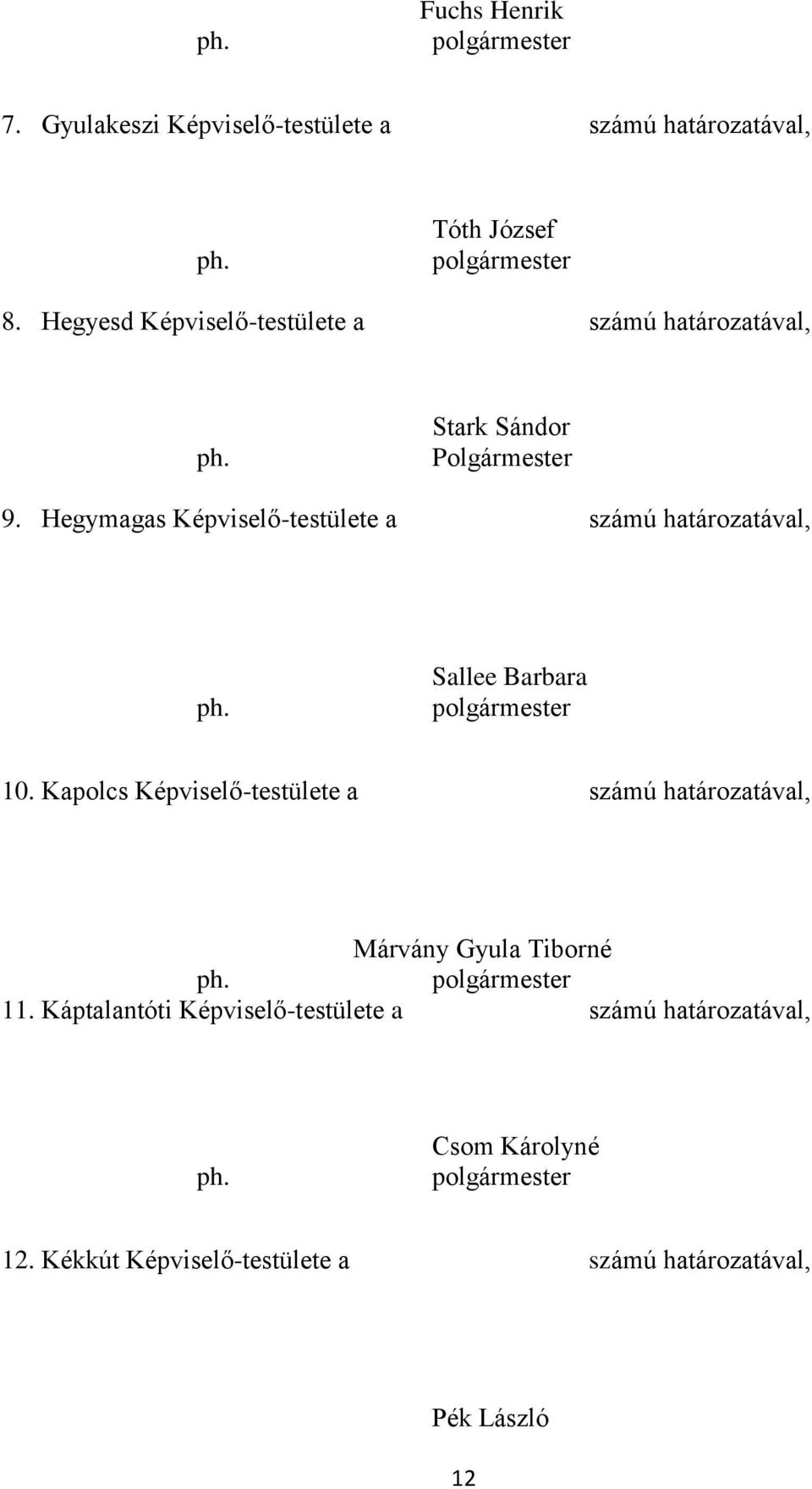 Hegymagas Képviselő-testülete a számú határozatával, Sallee Barbara 10.