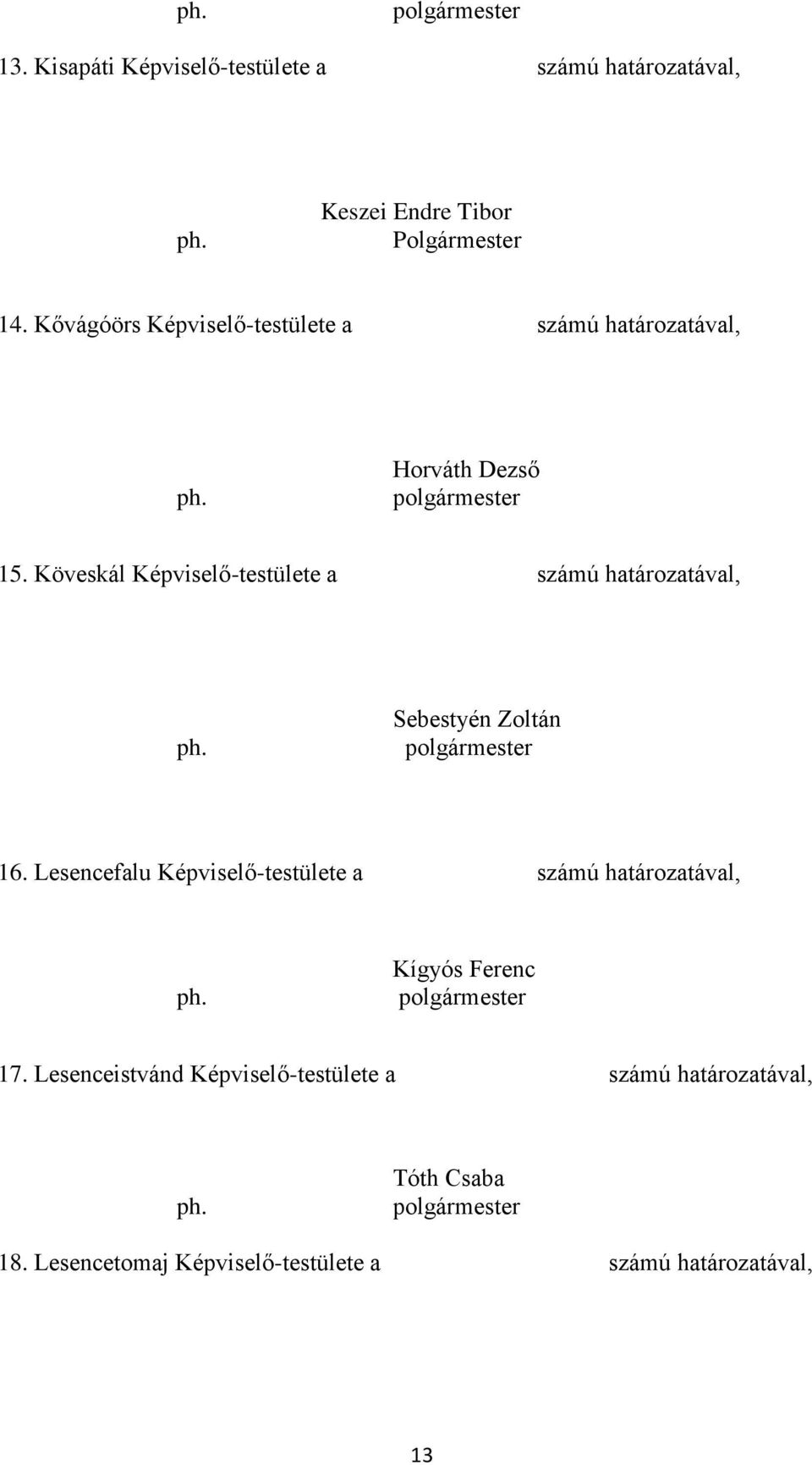 Köveskál Képviselő-testülete a számú határozatával, Sebestyén Zoltán 16.