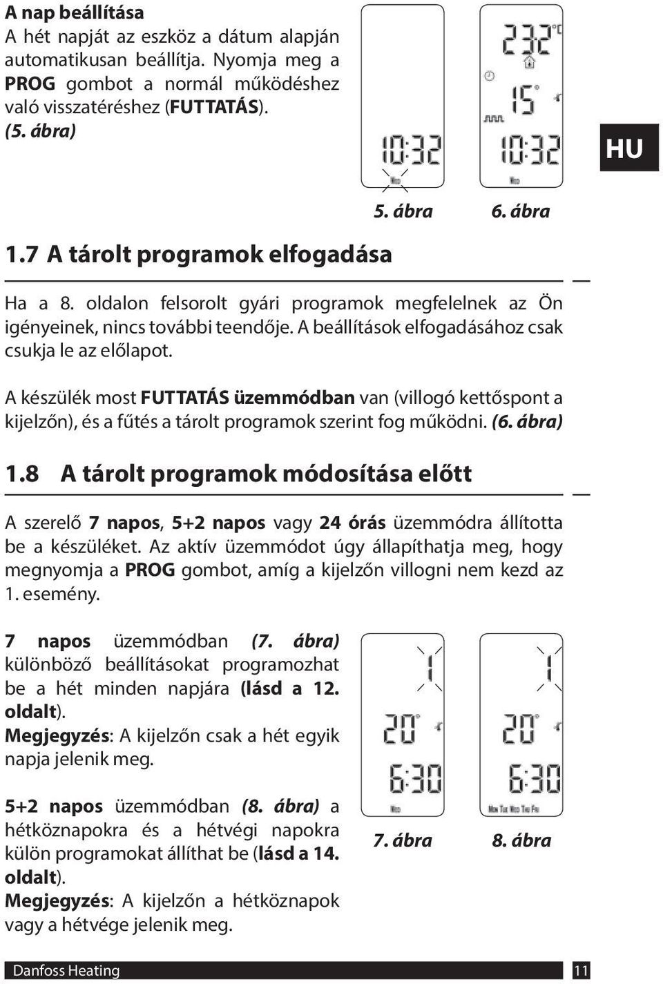 A készülék most FUTTATÁS üzemmódban van (villogó kettőspont a kijelzőn), és a fűtés a tárolt programok szerint fog működni. (6. ábra) 1.