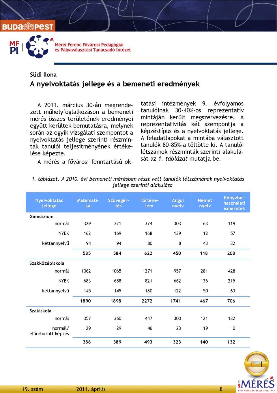részminták tanulói teljesítményének értékelése képezte. A mérés a fővárosi fenntartású oktatási intézmények 9. évfolyamos tanulóinak 30-40%-os reprezentatív mintáján került megszervezésre.
