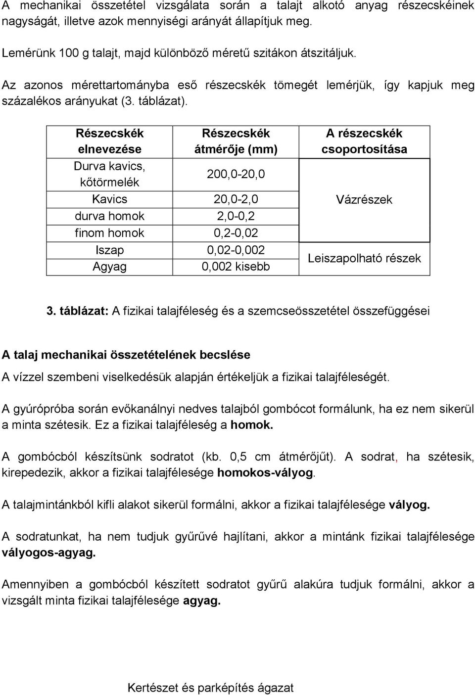 Részecskék elnevezése Durva kavics, kőtörmelék Részecskék átmérője (mm) 200,0-20,0 Kavics 20,0-2,0 durva homok 2,0-0,2 finom homok 0,2-0,02 Iszap 0,02-0,002 Agyag 0,002 kisebb A részecskék