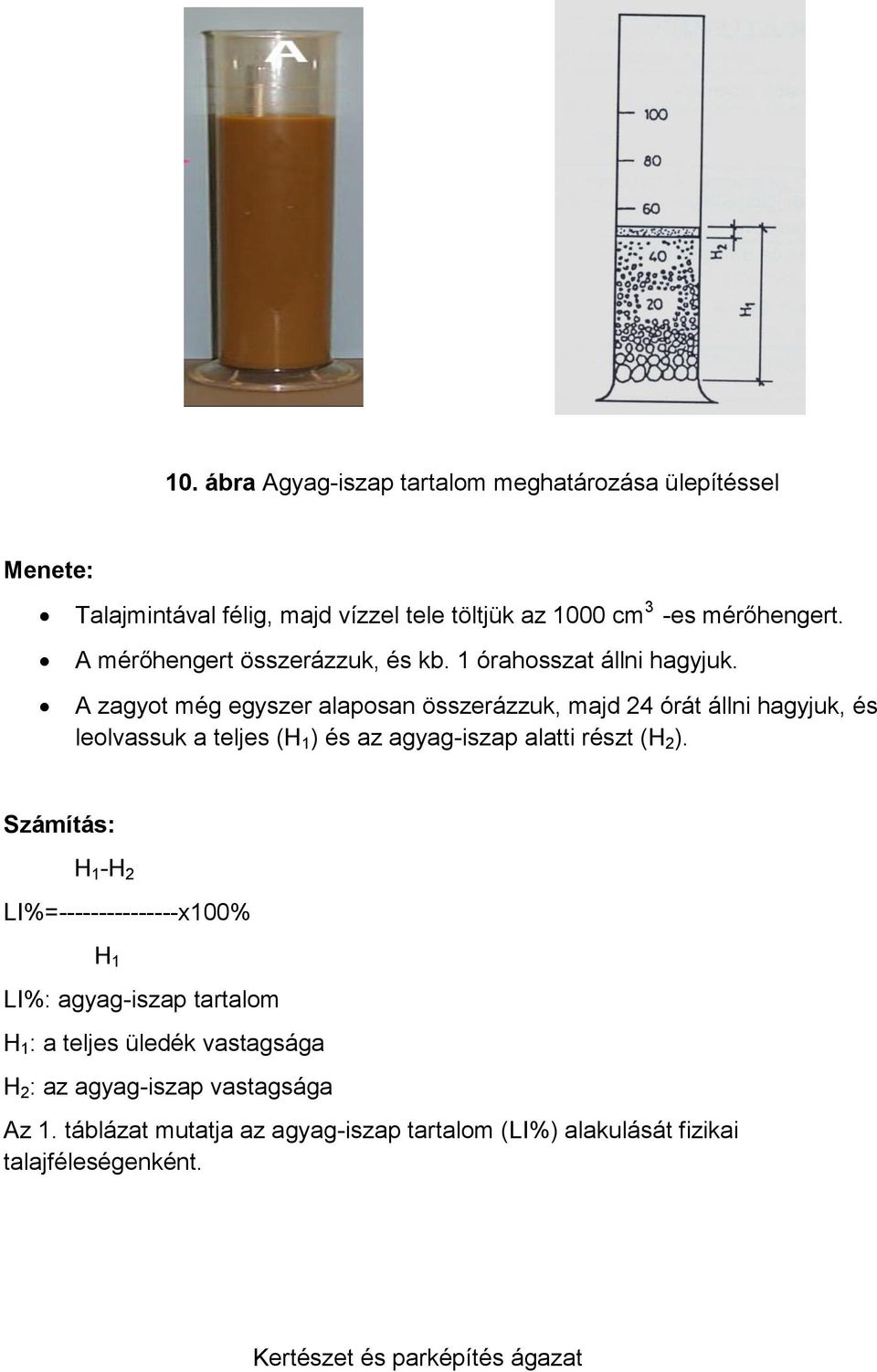 A zagyot még egyszer alaposan összerázzuk, majd 24 órát állni hagyjuk, és leolvassuk a teljes (H 1 ) és az agyag-iszap alatti részt (H 2 ).