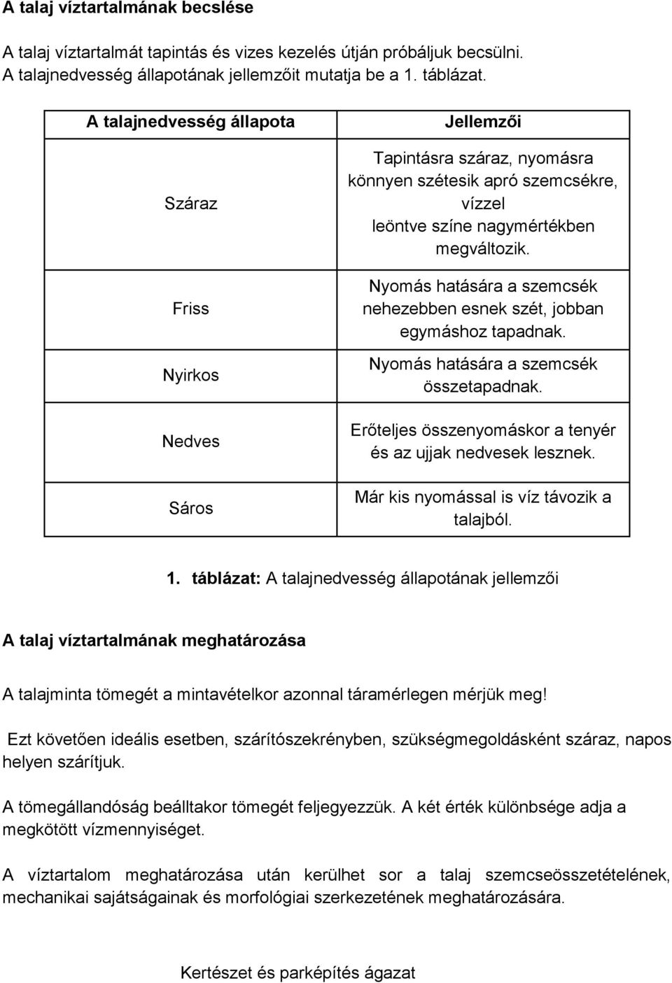 Nyomás hatására a szemcsék nehezebben esnek szét, jobban egymáshoz tapadnak. Nyomás hatására a szemcsék összetapadnak. Erőteljes összenyomáskor a tenyér és az ujjak nedvesek lesznek.