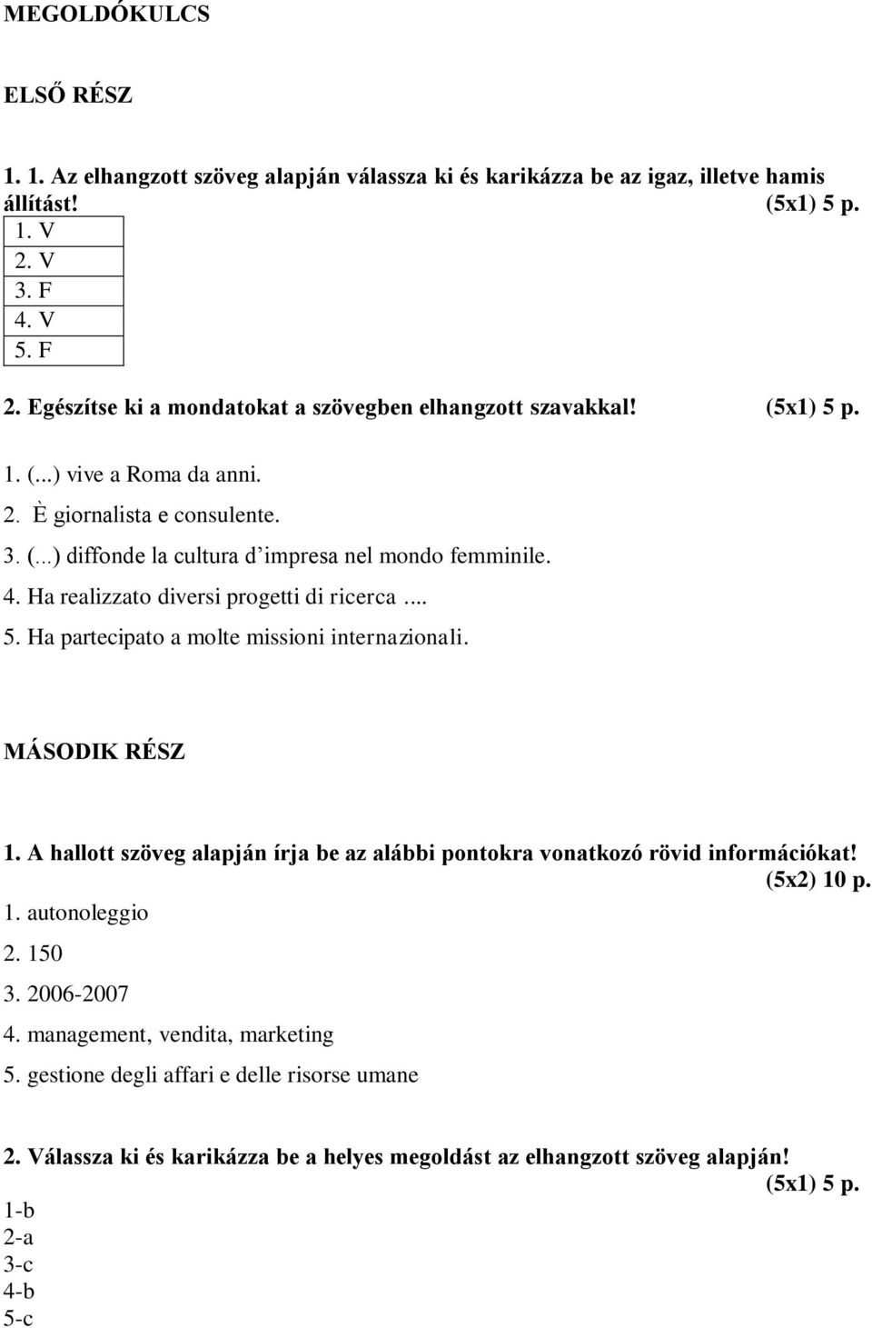 Ha realizzato diversi progetti di ricerca... 5. Ha partecipato a molte missioni internazionali. MÁSODIK RÉSZ 1. A hallott szöveg alapján írja be az alábbi pontokra vonatkozó rövid információkat!