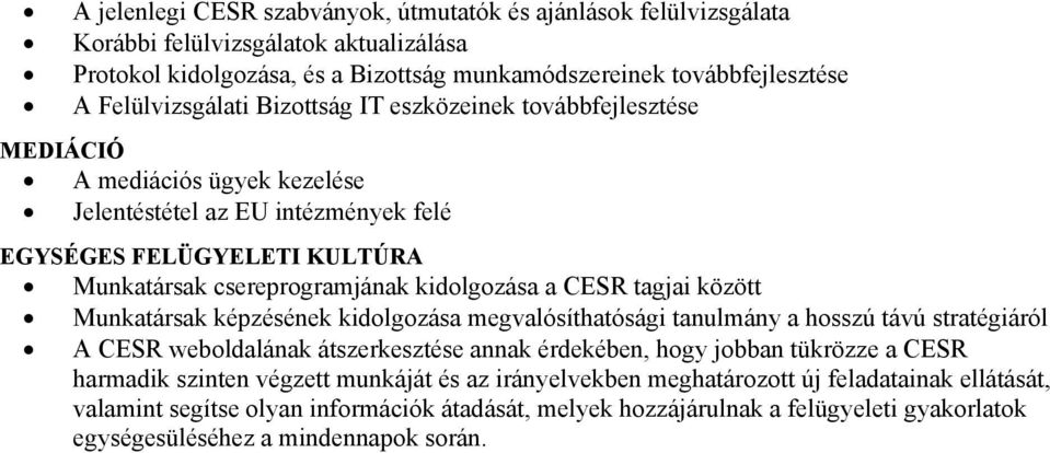 tagjai között Munkatársak képzésének kidolgozása megvalósíthatósági tanulmány a hosszú távú stratégiáról A CESR weboldalának átszerkesztése annak érdekében, hogy jobban tükrözze a CESR harmadik
