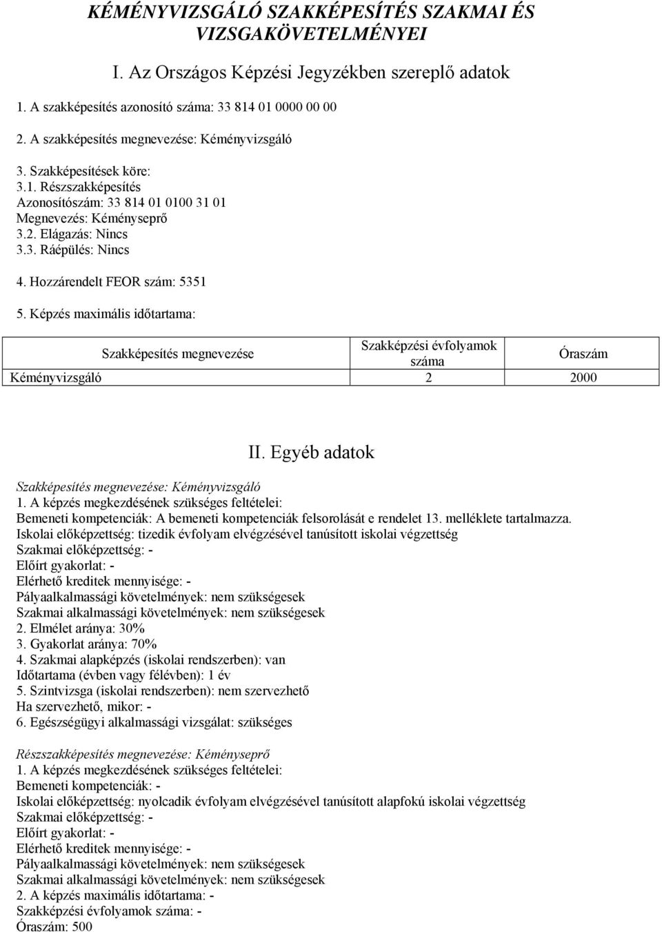 Hozzárendelt FEOR szám: 5351 5. Képzés maximális időtartama: Szakképesítés megnevezése Szakképzési évfolyamok száma Óraszám Kéményvizsgáló 2 2000 II.