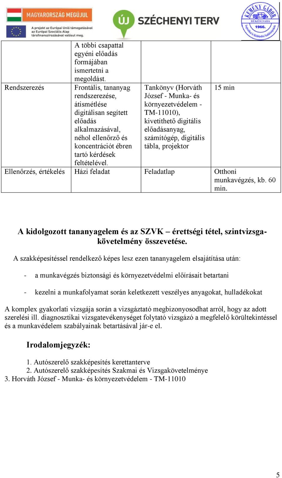 - TM-11010), kivetíthető digitális előadásanyag, számítógép, digitális tábla, projektor 15 min feltételével. Ellenőrzés, értékelés Házi feladat Feladatlap Otthoni munkavégzés, kb. 60 min.