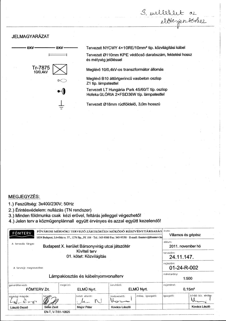 ámpatestte Tervezett L T Hungária Park 45/60ff típ. szp Hfeka GLÓRIA 2xFSD36W típ. ámpatestte Tervezett 018mm rúdfödeö, 3,0m hsszú MEGEGYZÉS: 1.) Feszütség: 3x400/230V; 50Hz 2.