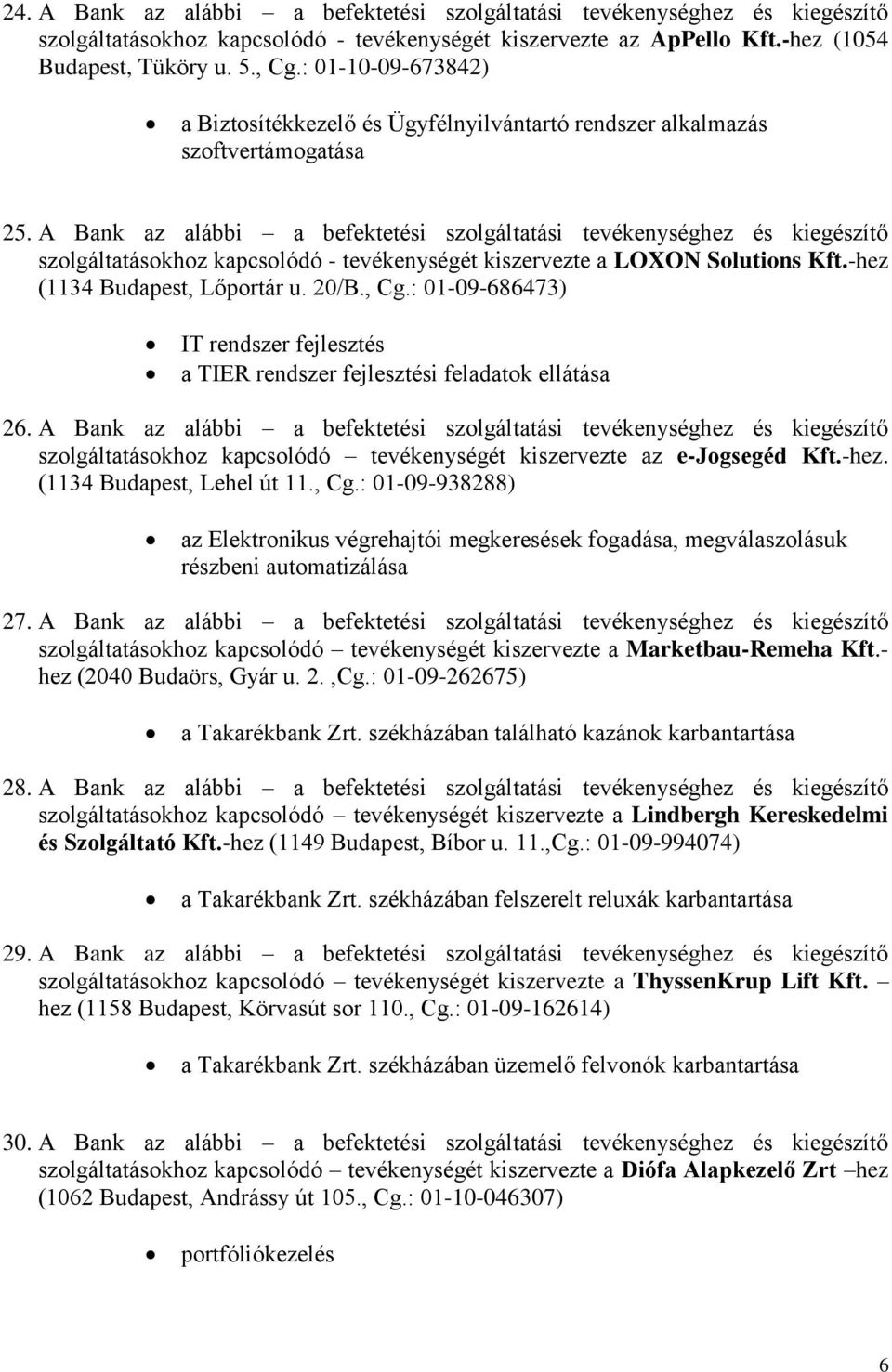 A Bank az alábbi a befektetési szolgáltatási tevékenységhez és kiegészítő szolgáltatásokhoz kapcsolódó - tevékenységét kiszervezte a LOXON Solutions Kft.-hez (1134 Budapest, Lőportár u. 20/B., Cg.