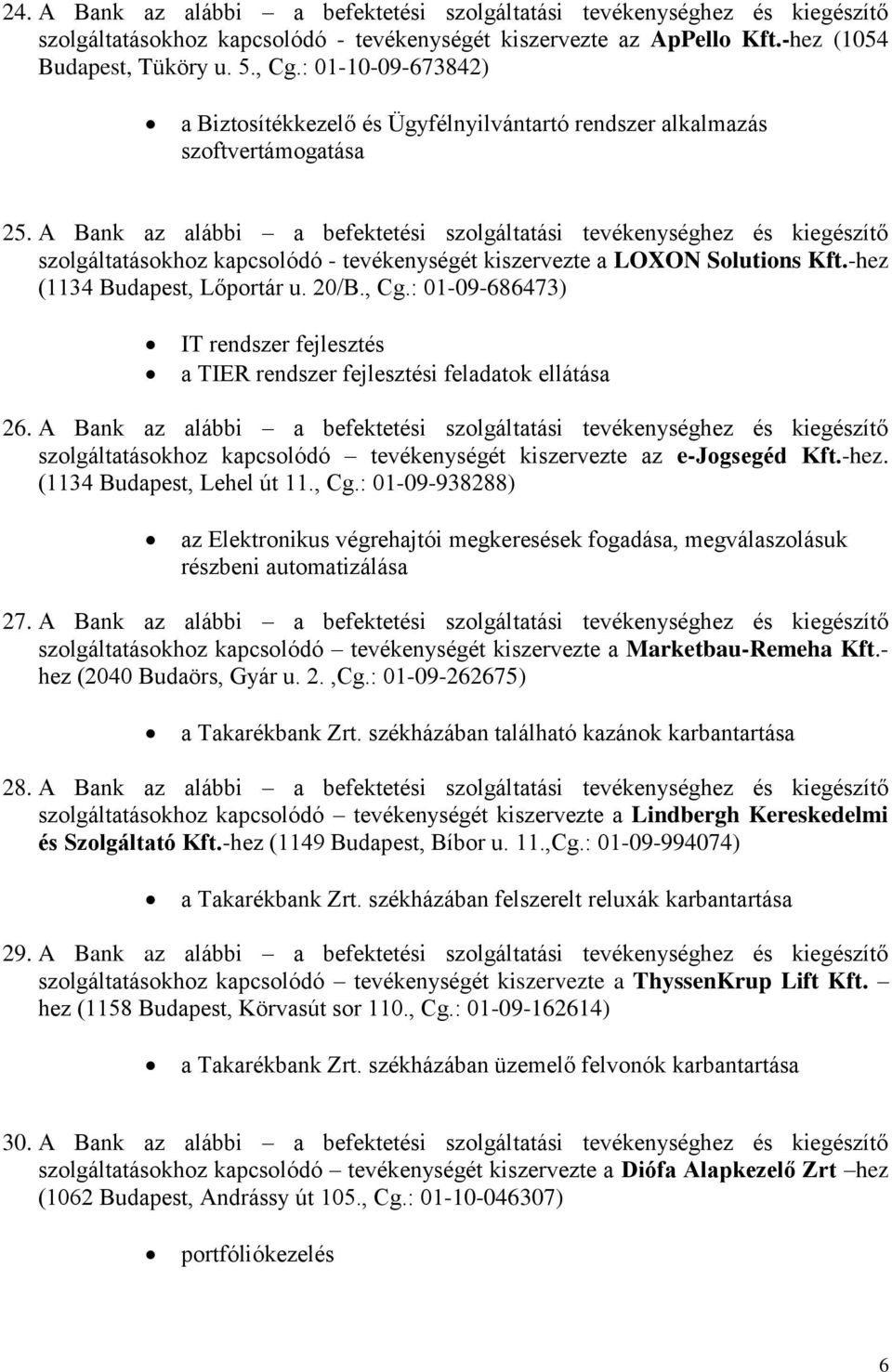 A Bank az alábbi a befektetési szolgáltatási tevékenységhez és kiegészítő szolgáltatásokhoz kapcsolódó - tevékenységét kiszervezte a LOXON Solutions Kft.-hez (1134 Budapest, Lőportár u. 20/B., Cg.