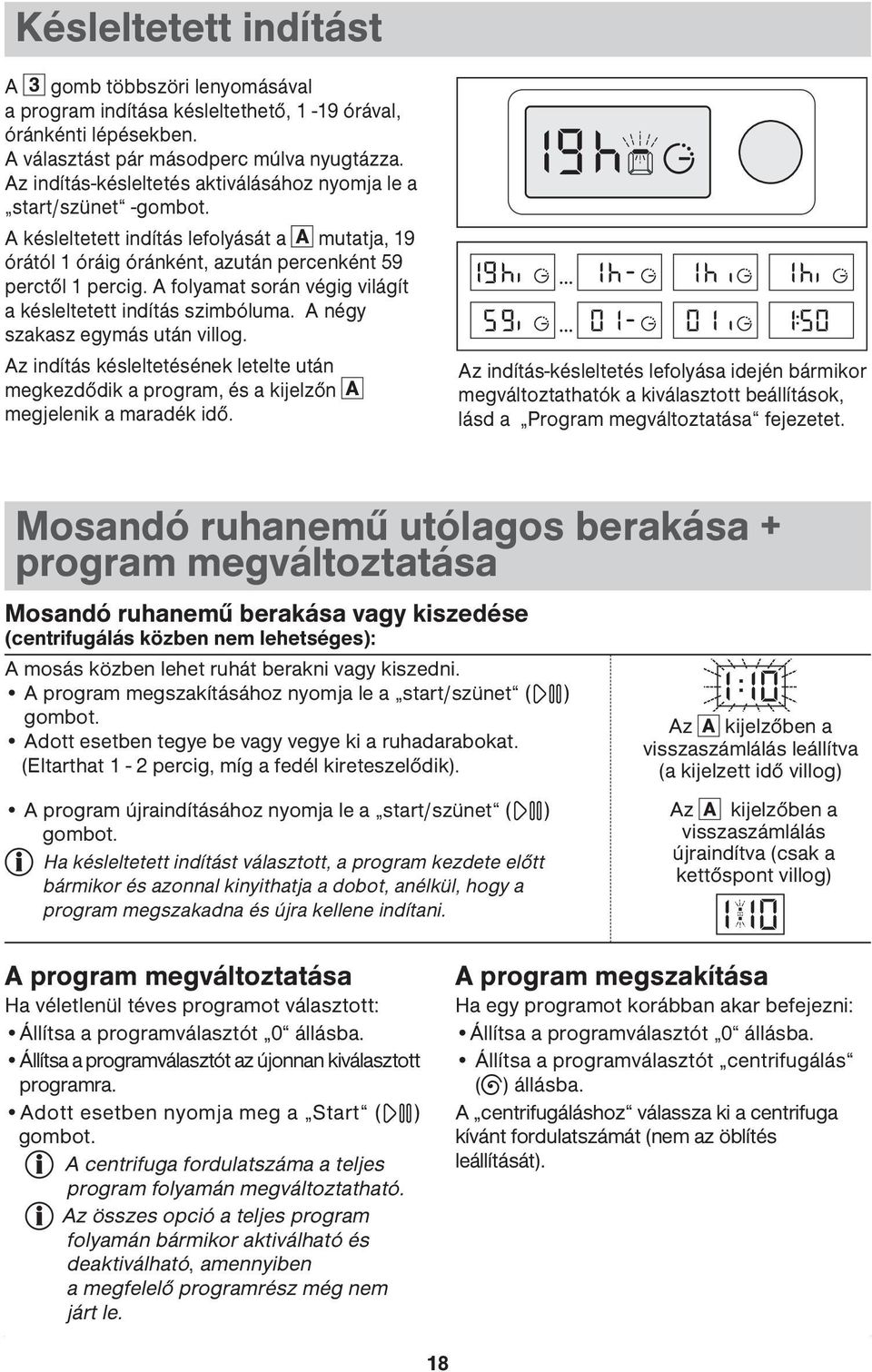 A folyamat során végig világít a késleltetett indítás szimbóluma. A négy szakasz egymás után villog.