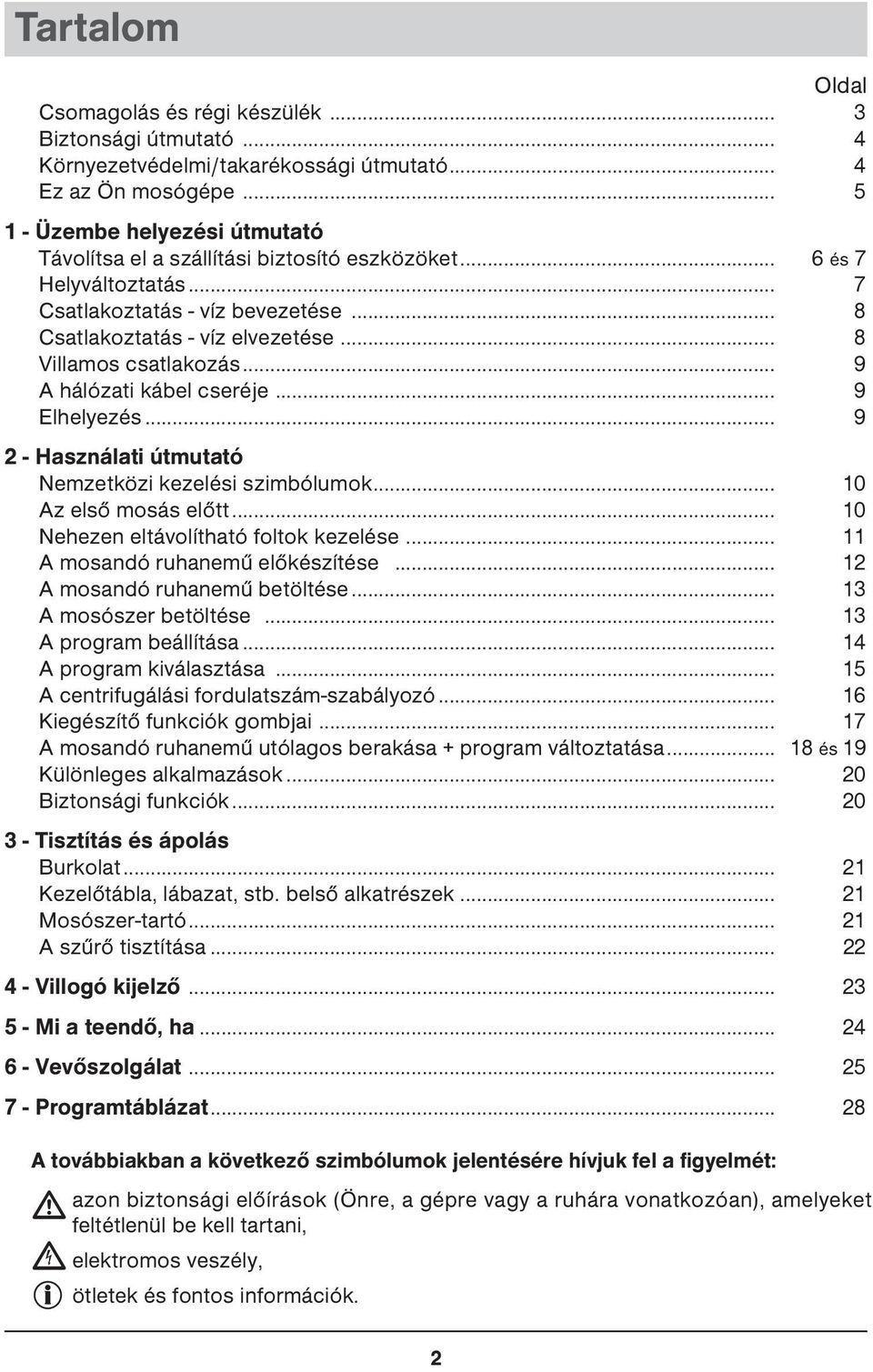 .. 8 Villamos csatlakozás... 9 A hálózati kábel cseréje... 9 Elhelyezés... 9 2 - Használati útmutató Nemzetközi kezelési szimbólumok... 10 Az első mosás előtt.