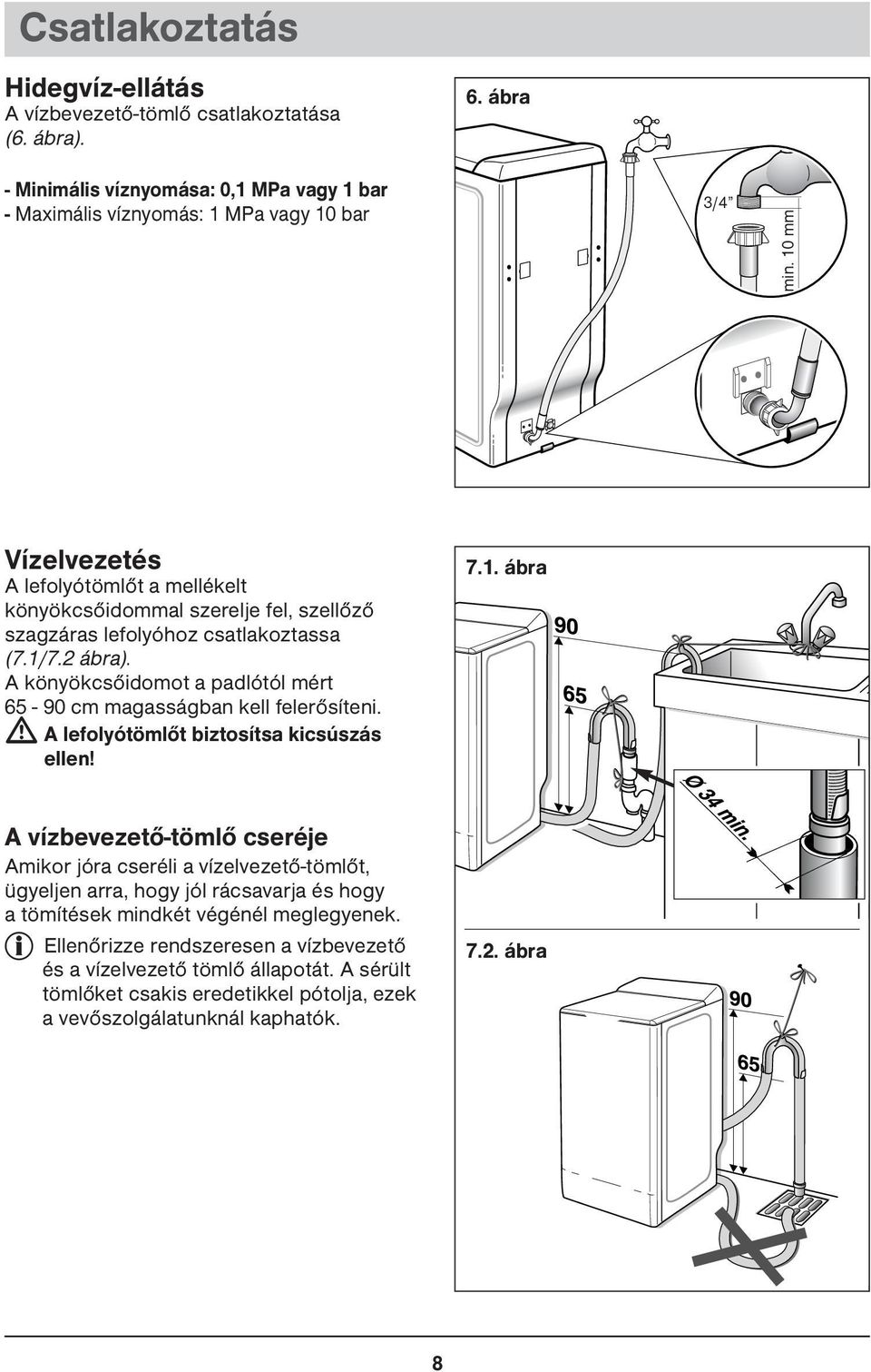 A könyökcsőidomot a padlótól mért 65-90 cm magasságban kell felerősíteni. A lefolyótömlőt biztosítsa kicsúszás ellen! 7.1.