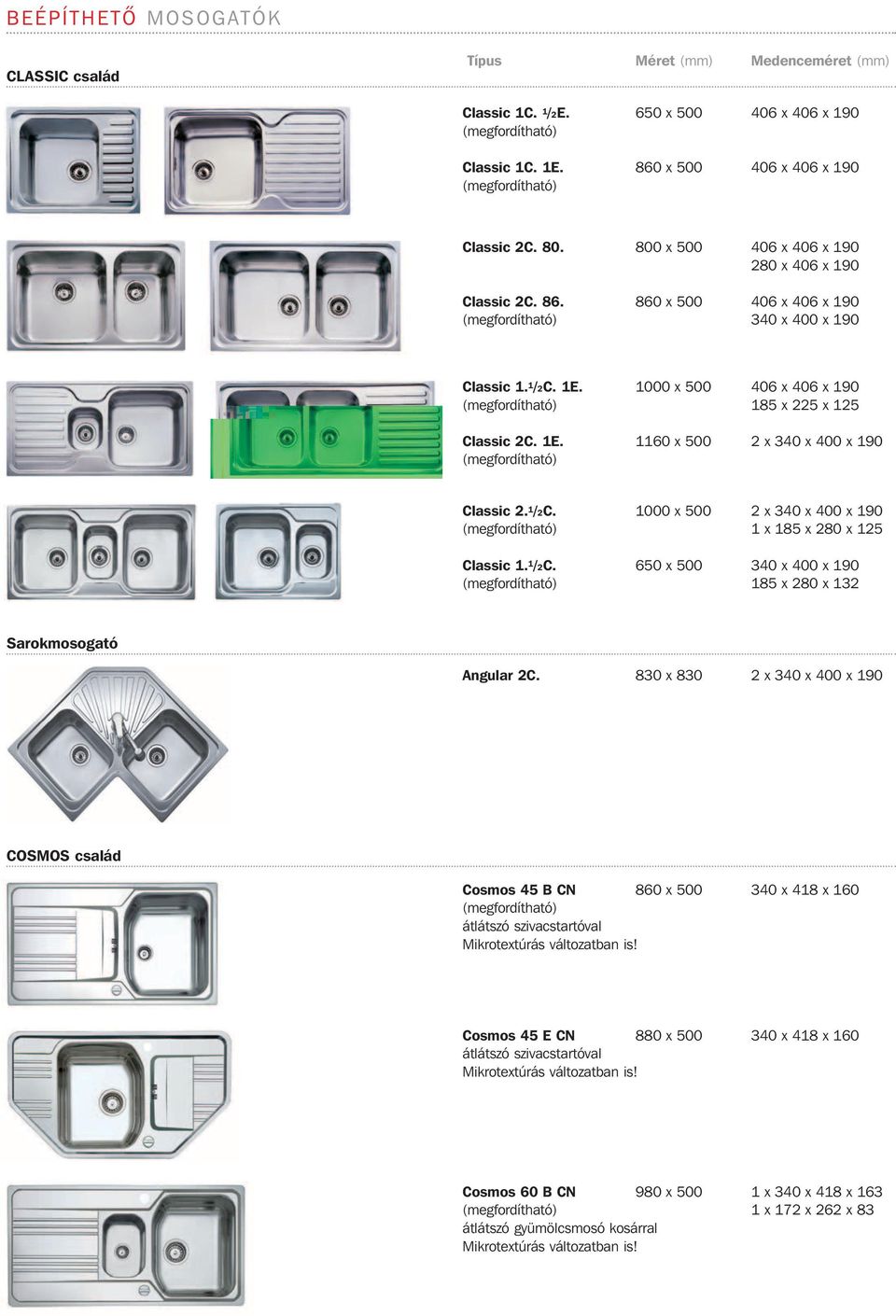 1 /2C. 1000 x 500 2 x 340 x 400 x 190 1 x 185 x 280 x 125 Classic 1. 1 /2C. 650 x 500 340 x 400 x 190 185 x 280 x 132 Sarokmosogató Angular 2C.