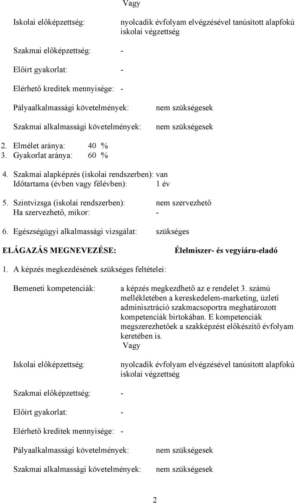 Szakmai alapképzés (iskolai rendszerben): van Időtartama (évben vagy félévben): 1 év 5. Szintvizsga (iskolai rendszerben): nem szervezhető Ha szervezhető, mikor: - 6.