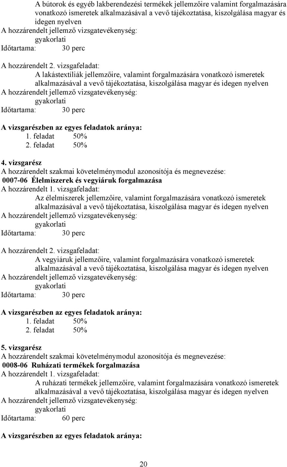 vizsgafeladat: A lakástextíliák jellemzőire, valamint forgalmazására vonatkozó ismeretek alkalmazásával a vevő tájékoztatása, kiszolgálása magyar és idegen nyelven A hozzárendelt jellemző