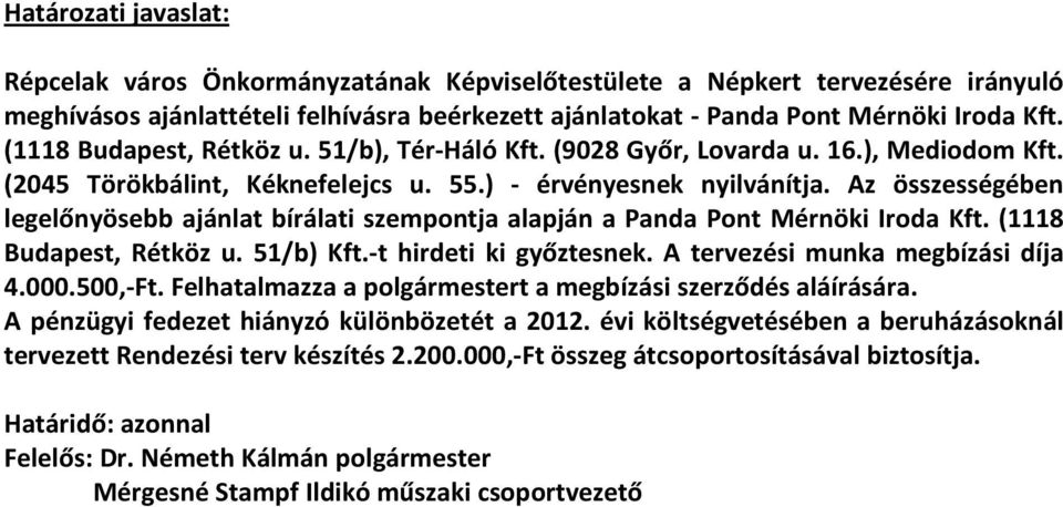 Az összességében legelőnyösebb ajánlat szempontja alapján a Panda Pont Mérnöki Iroda Kft. (1118 Budapest, Rétköz u. 51/b) Kft.-t hirdeti ki győztesnek. A tervezési munka megbízási díja 4.000.500,-Ft.