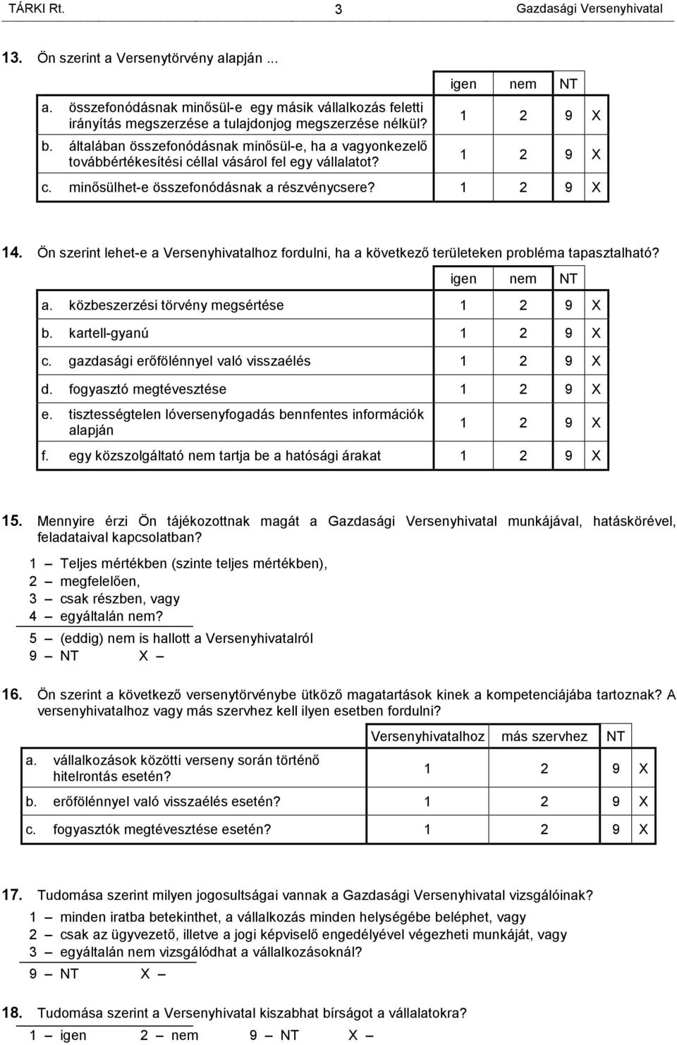 Ön szerint lehet-e a Versenyhivatalhoz fordulni, ha a következő területeken probléma tapasztalható? igen nem NT a. közbeszerzési törvény megsértése b. kartell-gyanú c.