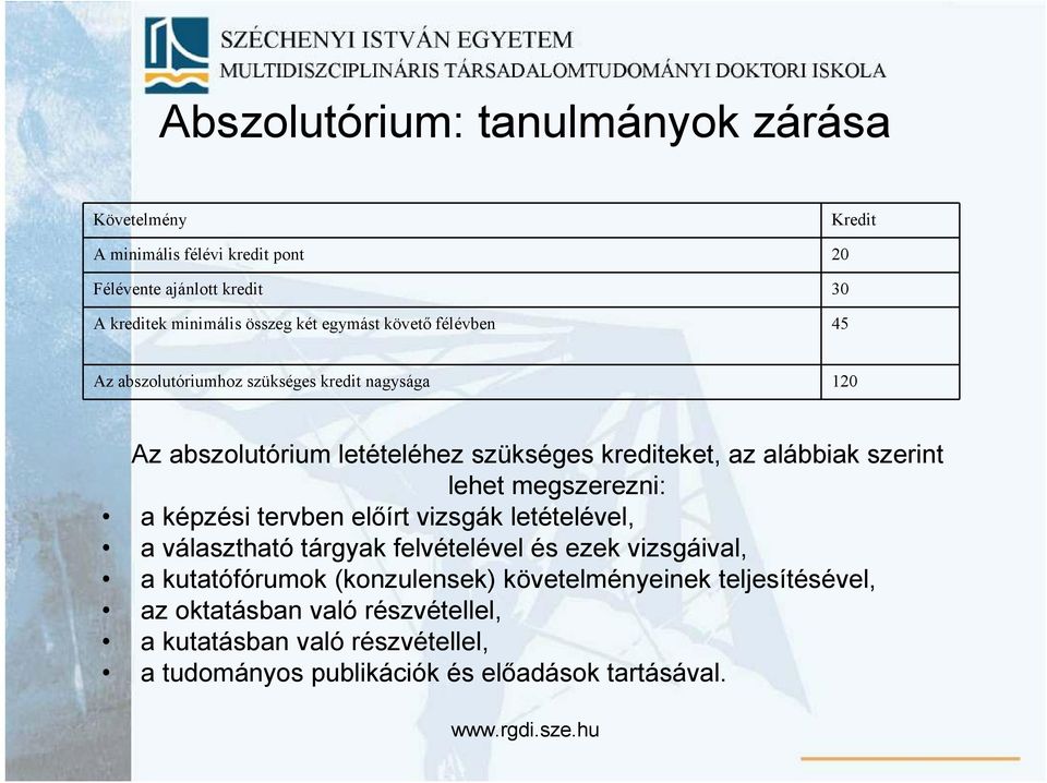 lehet megszerezni: a képzési tervben elıírt vizsgák letételével, a választható tárgyak felvételével és ezek vizsgáival, a kutatófórumok