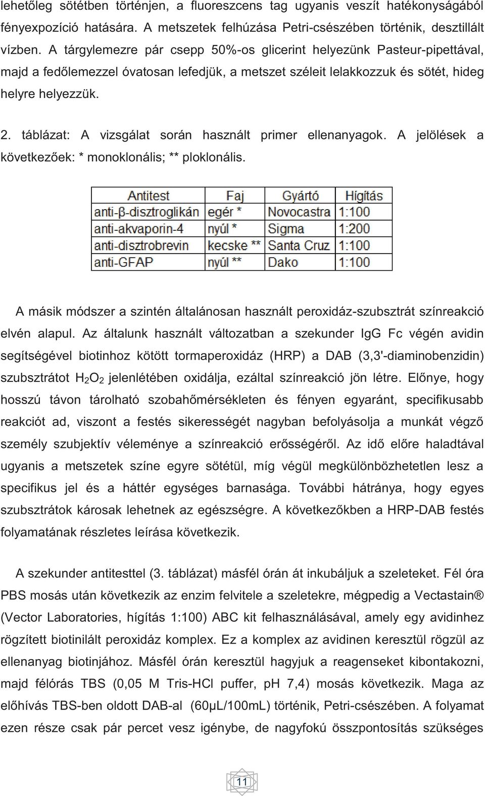 táblázat: A vizsgálat során használt primer ellenanyagok. A jelölések a következőek: * monoklonális; ** ploklonális.
