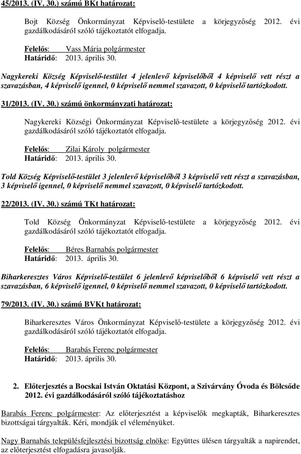 tartózkodott. 31/2013. (IV. 30.) számú önkormányzati határozat: Nagykereki Községi Önkormányzat Képviselő-testülete a körjegyzőség 2012. évi gazdálkodásáról szóló tájékoztatót elfogadja.