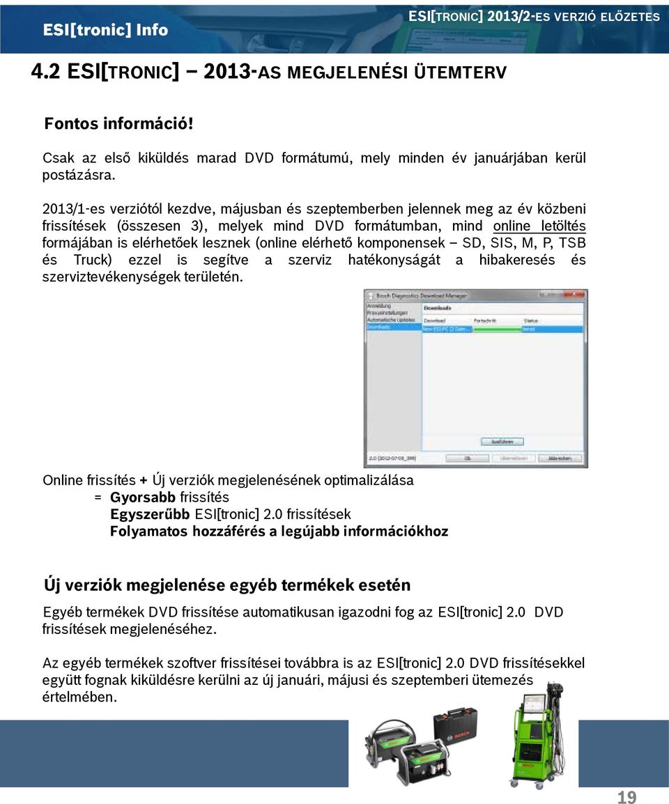 elérhető komponensek SD, SIS, M, P, TSB és Truck) ezzel is segítve a szerviz hatékonyságát a hibakeresés és szerviztevékenységek területén.