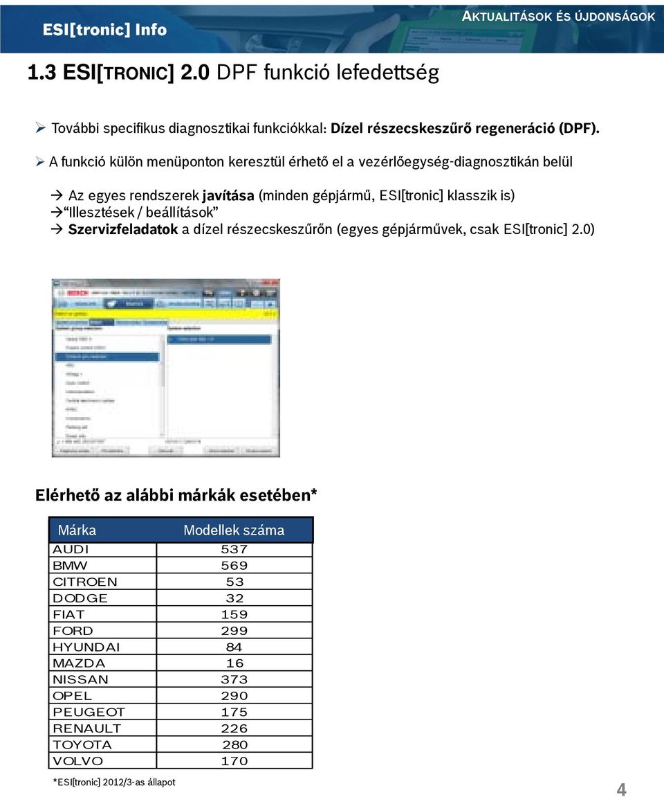 / beállítások Szervizfeladatok a dízel részecskeszűrőn (egyes gépjárművek, csak ESI[tronic] 2.0) Elérhető az alábbi márkák esetében* Márka Brand No.