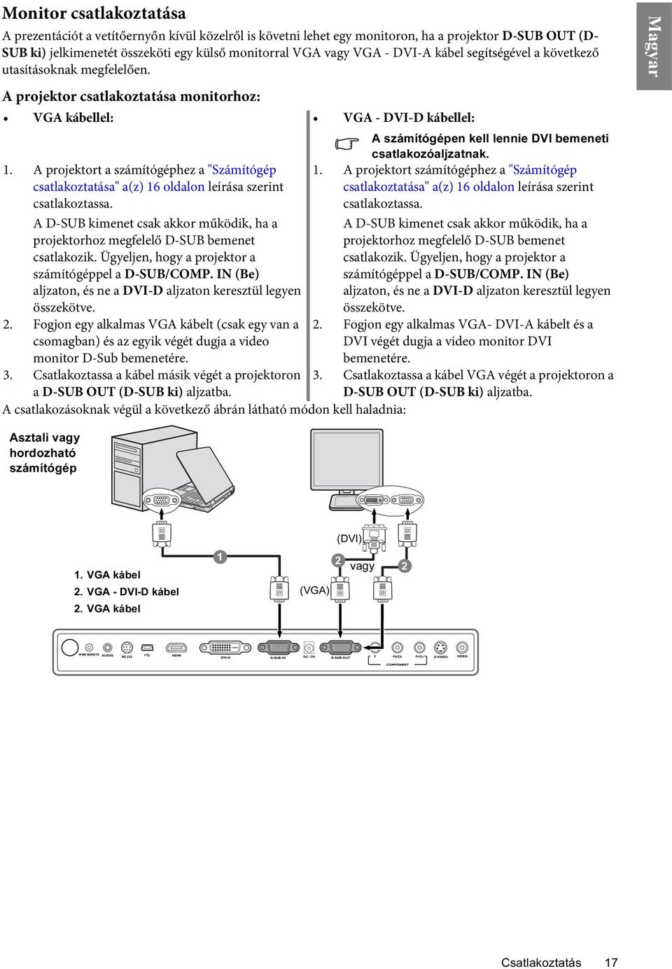 A projektort a számítógéphez a "Számítógép csatlakoztatása" a(z) 16 oldalon leírása szerint csatlakoztassa. A D-SUB kimenet csak akkor működik, ha a projektorhoz megfelelő D-SUB bemenet csatlakozik.
