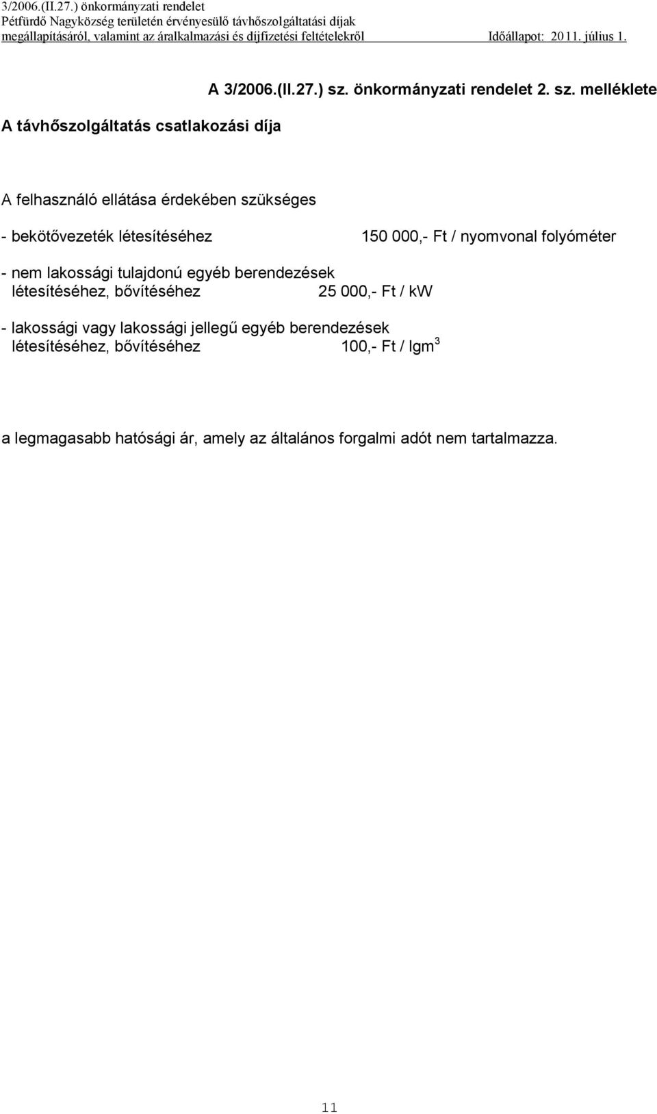 melléklete A felhasználó ellátása érdekében szükséges - bekötővezeték létesítéséhez 150 000,- Ft / nyomvonal