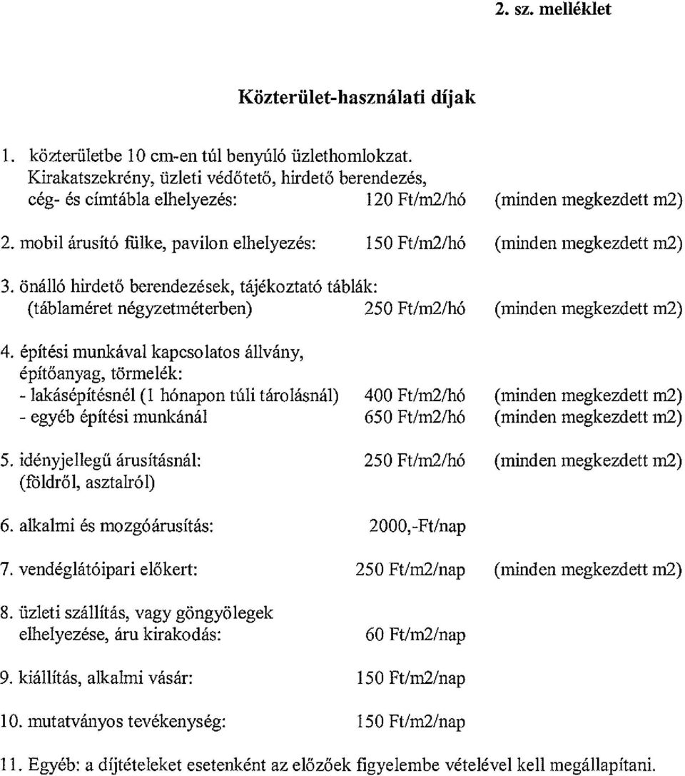 építési munkával kapcsolatos állvány, építőanyag, törmelék: - lakásépítésnél (1 hónapon túli tárolásnál) 400 - egyéb építési munkánál 650 5.