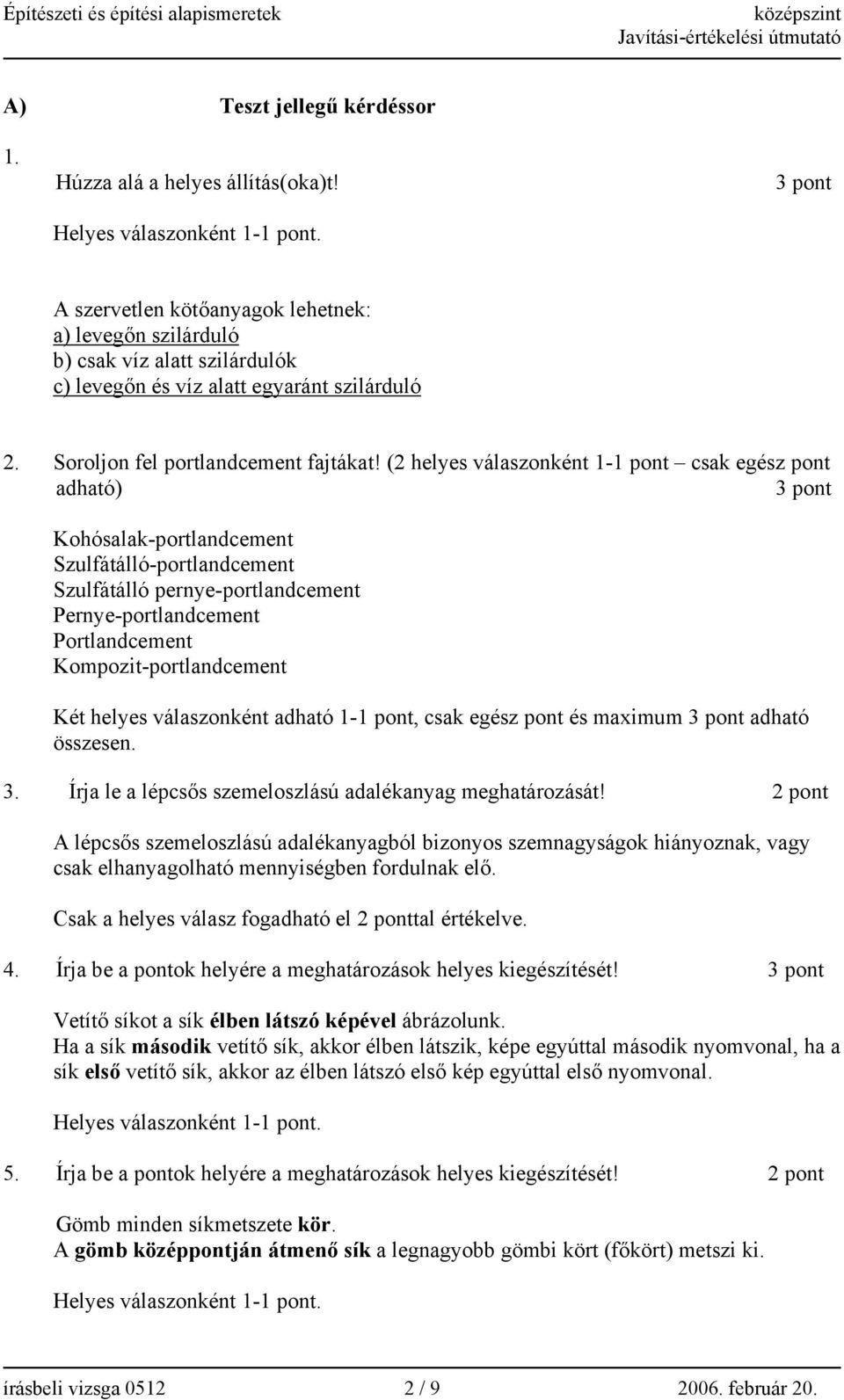 (2 helyes válaszonként 1-1 pont csak egész pont adható) 3 pont Kohósalak-portlandcement Szulfátálló-portlandcement Szulfátálló pernye-portlandcement Pernye-portlandcement Portlandcement