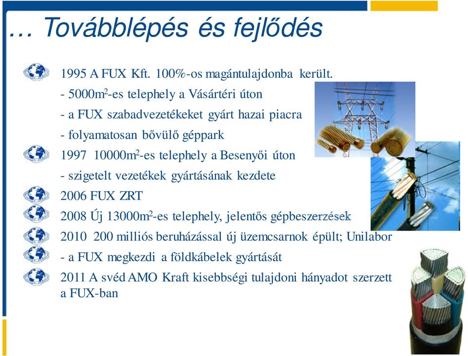 2 -es telephely a Besenyői úton - szigetelt vezetékek gyártásának kezdete 2006 FUX ZRT 2008 Új 13000m 2 -es telephely, jelentős