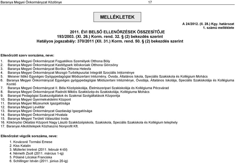 Baranya Megyei Önkormányzat Kastélypark Időskorúak Otthona Görcsöny 3. Baranya Megyei Önkormányzat Boróka Otthona Helesfa 4.