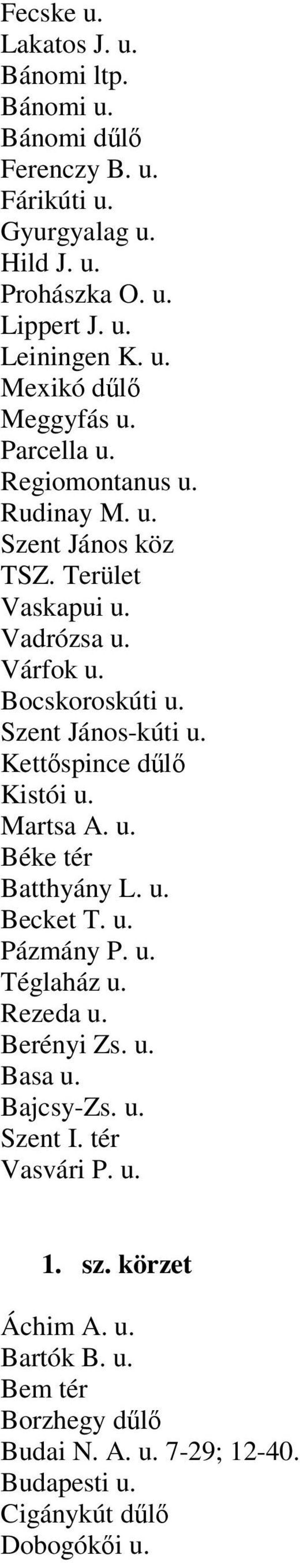 Kettőspince dűlő Kistói u. Martsa A. u. Béke tér Batthyány L. u. Becket T. u. Pázmány P. u. Téglaház u. Rezeda u. Berényi Zs. u. Basa u. Bajcsy-Zs. u. Szent I.