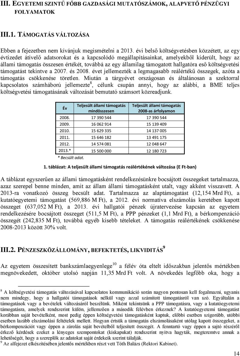 támogatott hallgatóra eső költségvetési támogatást tekintve a 2007. és 2008. évet jellemezték a legmagasabb reálértékű összegek, azóta a támogatás csökkenése töretlen.