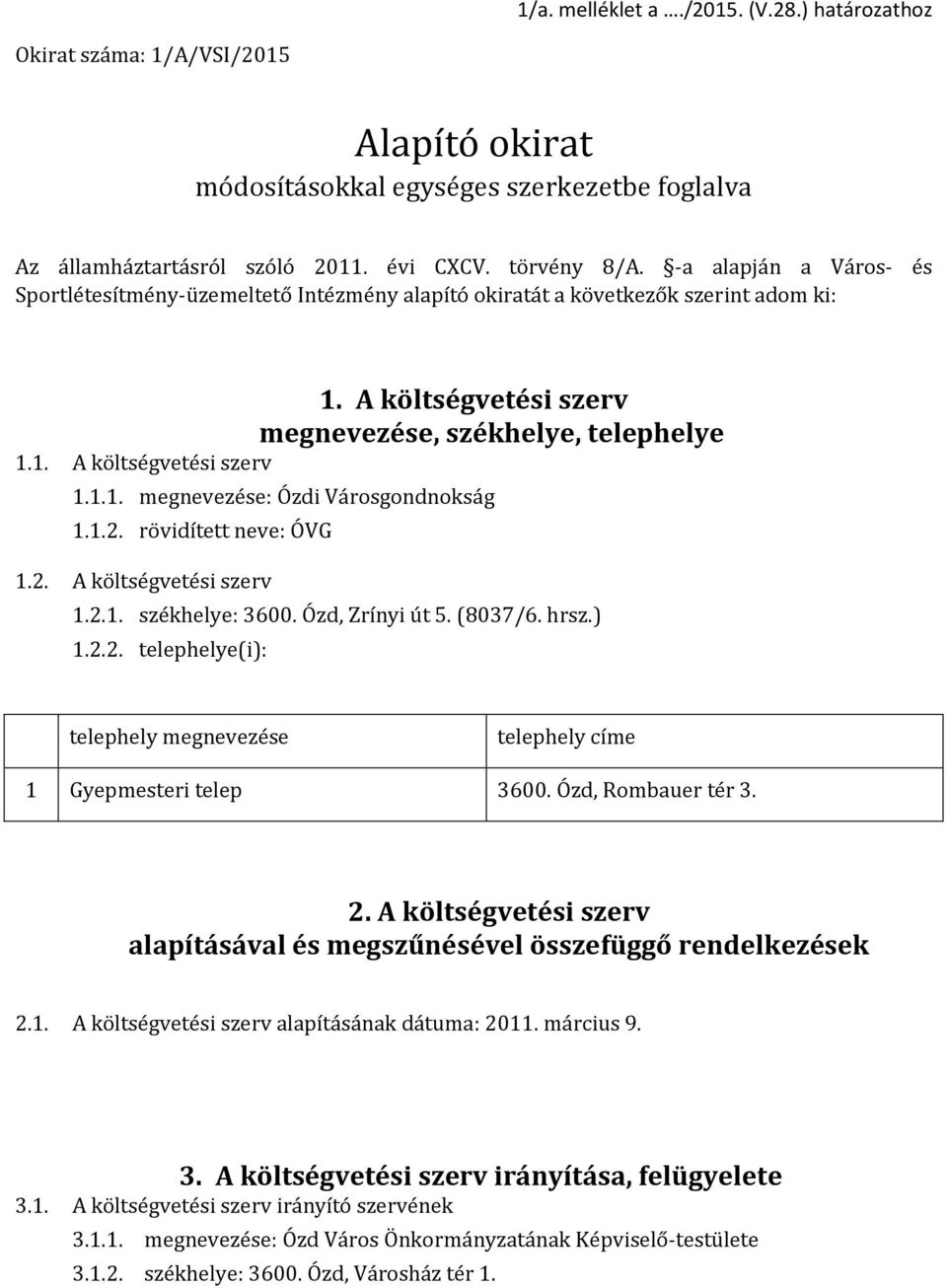 1.2. rövidített neve: ÓVG 1.2. A költségvetési szerv 1.2.1. székhelye: 3600. Ózd, Zrínyi út 5. (8037/6. hrsz.) 1.2.2. telephelye(i): telephely megnevezése telephely címe 1 Gyepmesteri telep 3600.