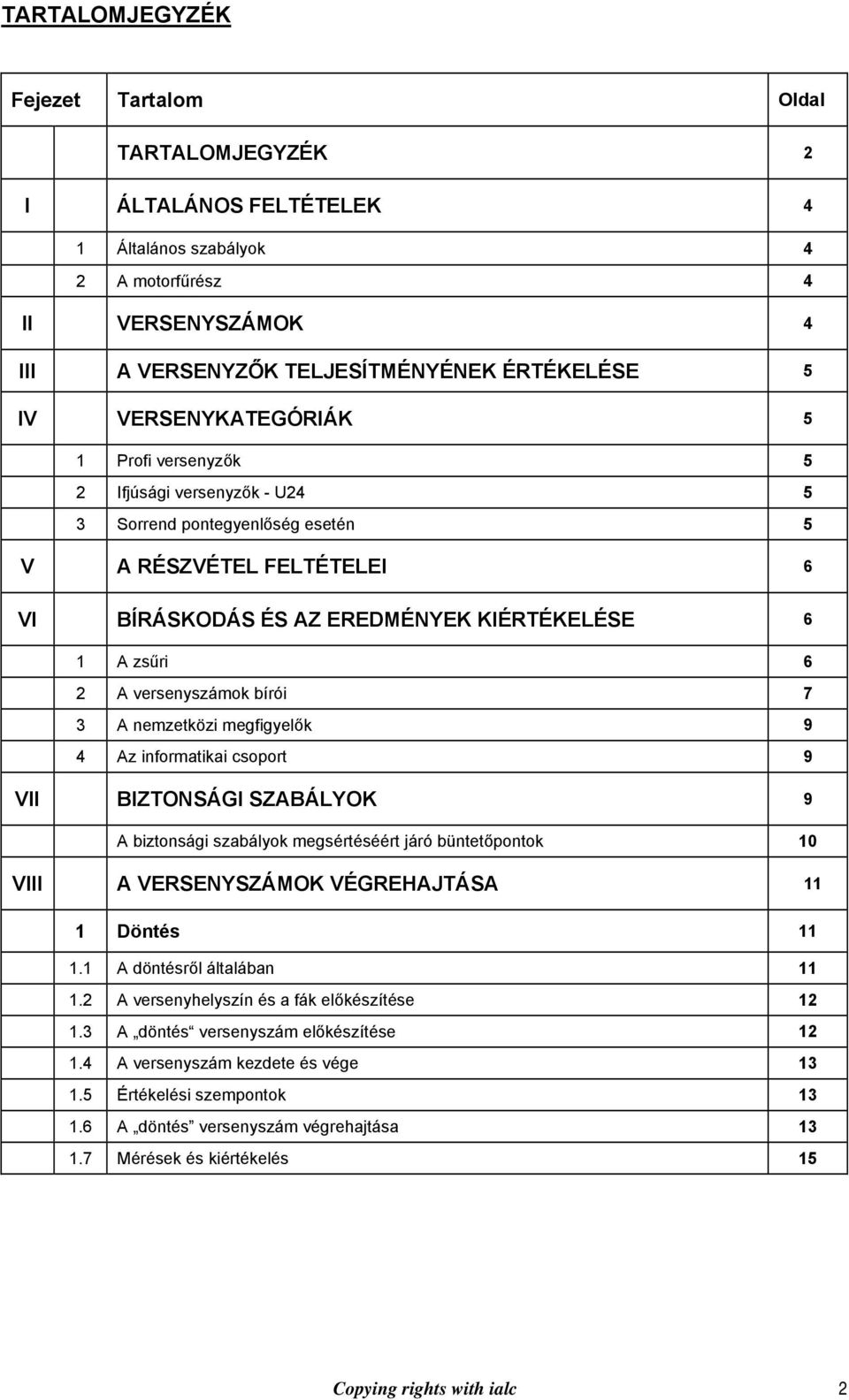 versenyszámok bírói 7 3 A nemzetközi megfigyelők 9 4 Az informatikai csoport 9 VII BIZTONSÁGI SZABÁLYOK 9 A biztonsági szabályok megsértéséért járó büntetőpontok 10 VIII A VERSENYSZÁMOK VÉGREHAJTÁSA