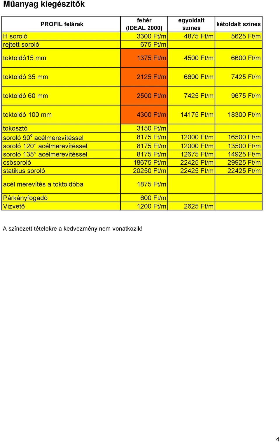 8175 Ft/m 12000 Ft/m 16500 Ft/m soroló 120 acélmerevítéssel 8175 Ft/m 12000 Ft/m 13500 Ft/m soroló 135 acélmerevítéssel 8175 Ft/m 12675 Ft/m 14925 Ft/m csősoroló 18675 Ft/m 22425 Ft/m 29925