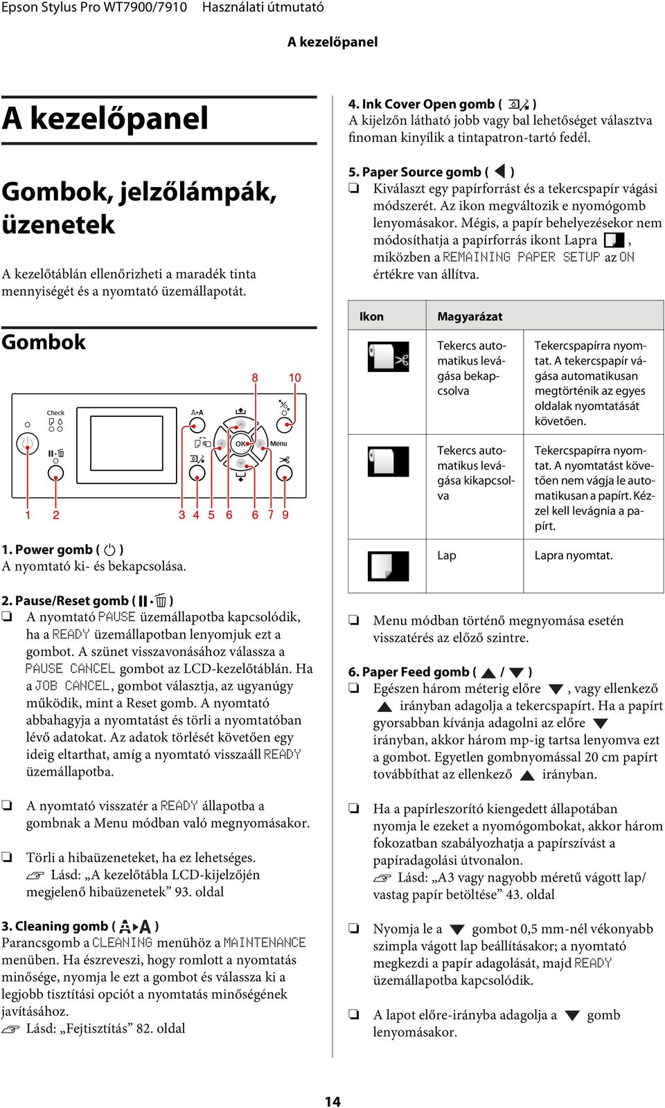 Paper Source gomb ( ) Kiválaszt egy papírforrást és a tekercspapír vágási módszerét. Az ikon megváltozik e nyomógomb lenyomásakor.