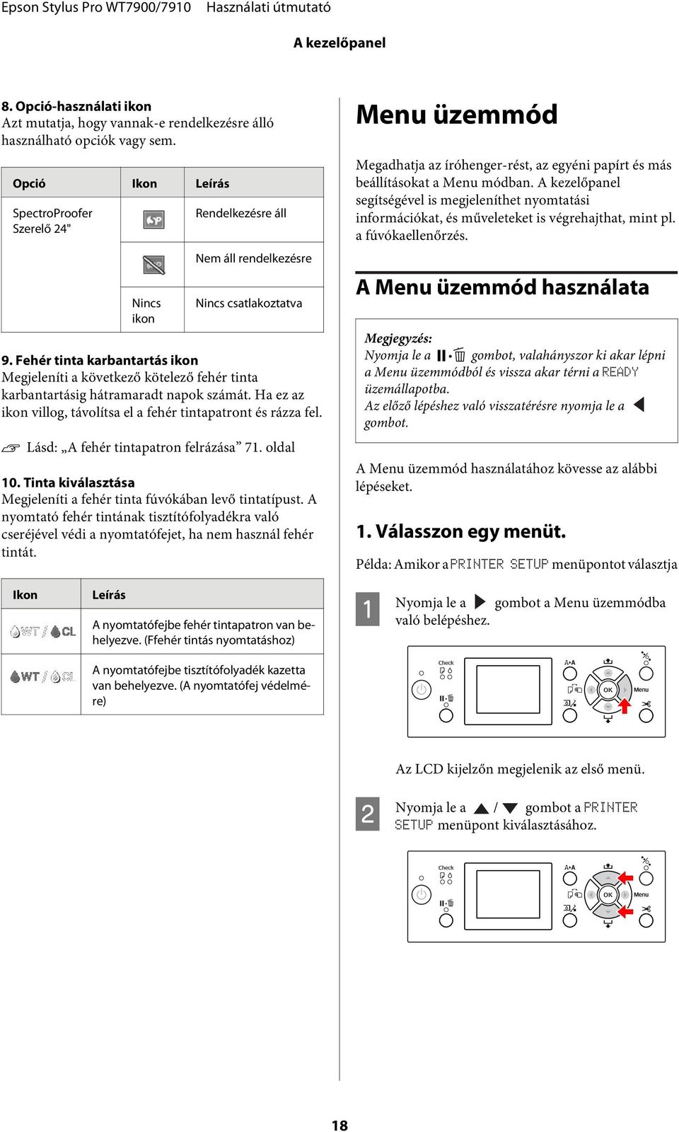 Fehér tinta karbantartás ikon Megjeleníti a következő kötelező fehér tinta karbantartásig hátramaradt napok számát. Ha ez az ikon villog, távolítsa el a fehér tintapatront és rázza fel.