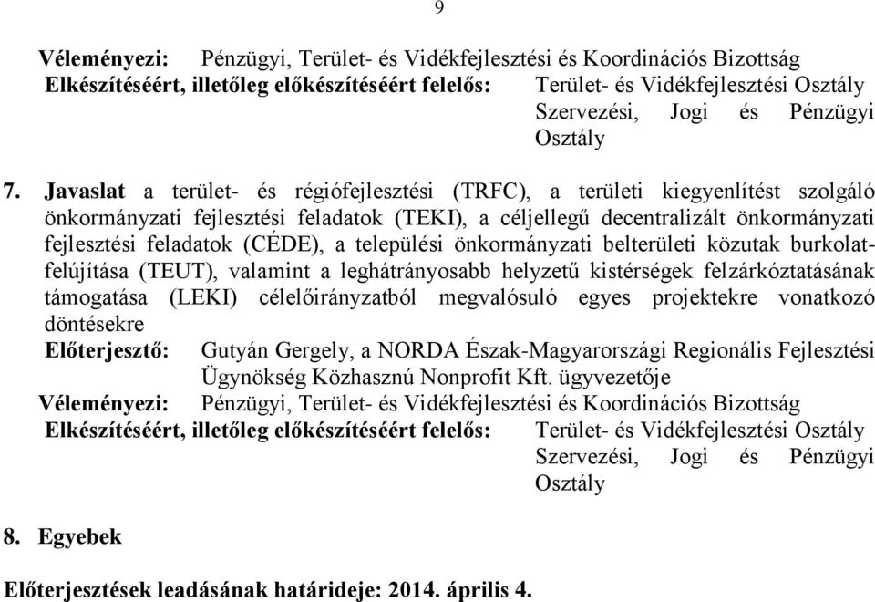 decentralizált önkormányzati fejlesztési feladatok (CÉDE), a települési önkormányzati belterületi közutak burkolatfelújítása (TEUT),