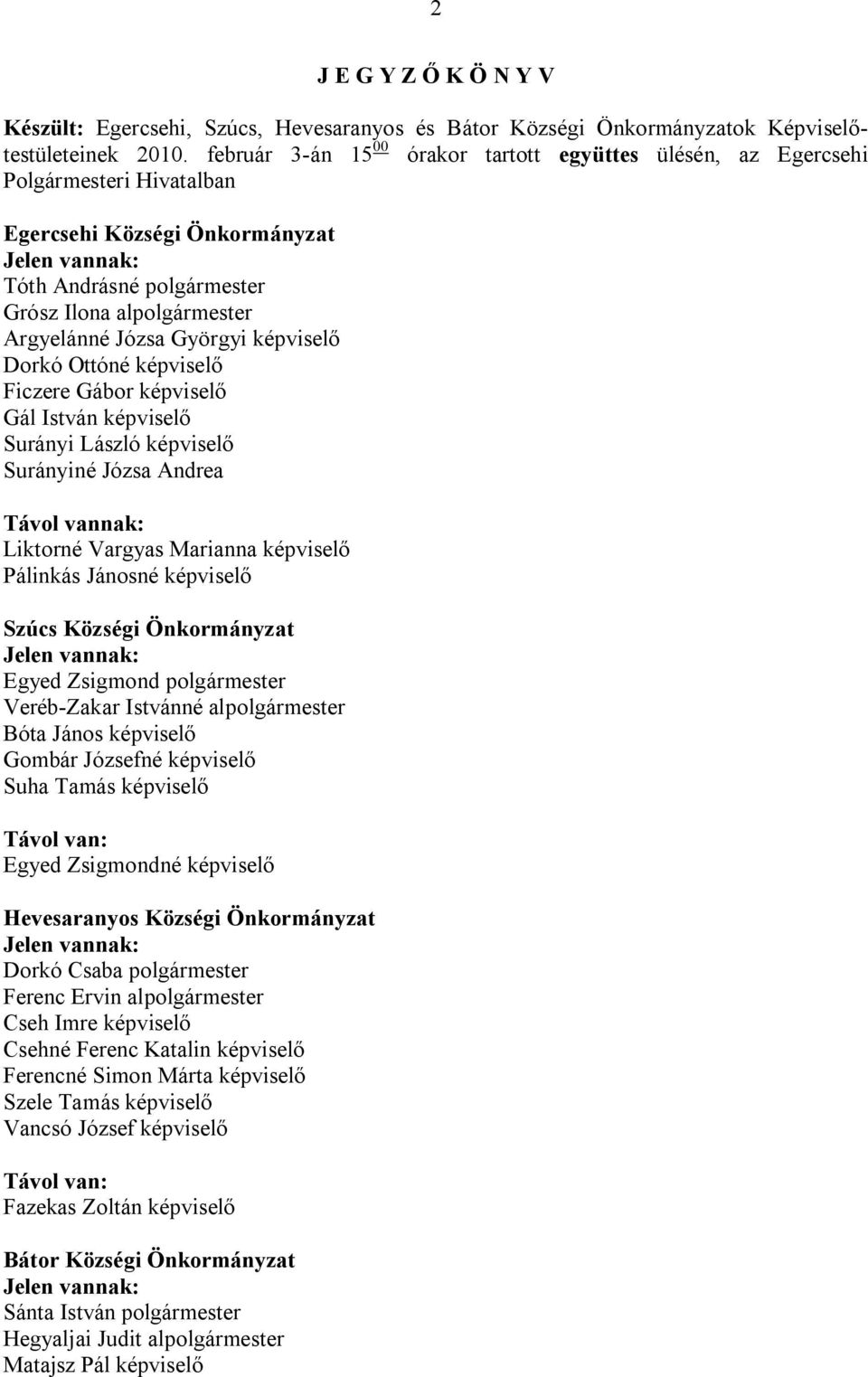 Józsa Györgyi képviselő Dorkó Ottóné képviselő Ficzere Gábor képviselő Gál István képviselő Surányi László képviselő Surányiné Józsa Andrea Távol vannak: Liktorné Vargyas Marianna képviselő Pálinkás